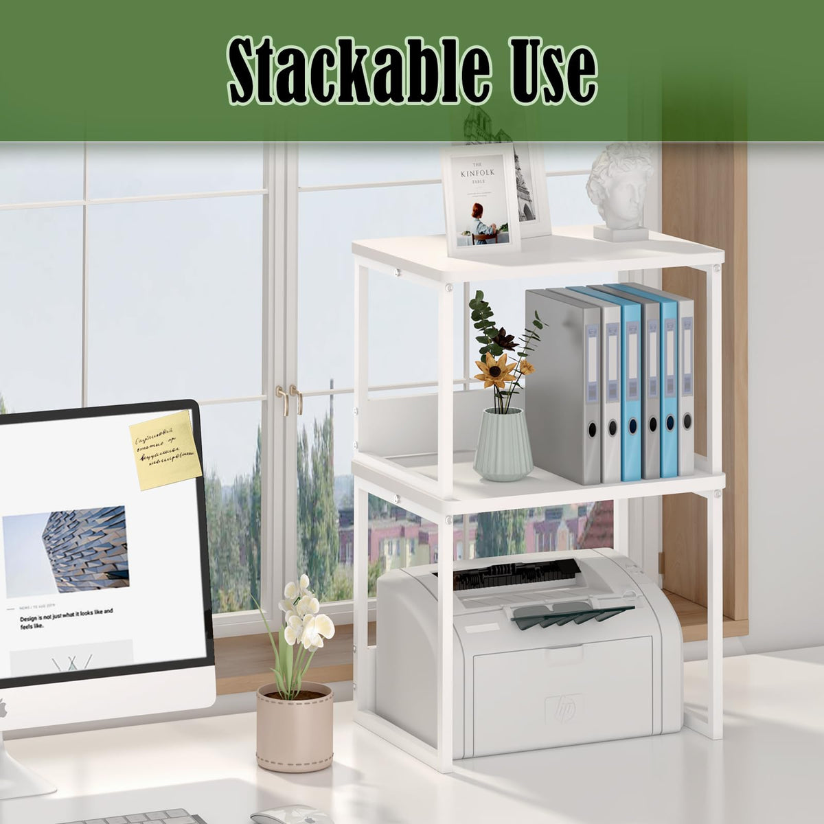 MARTY Desktop Printer Stand 2 Pack Printer Stand with Storage for Desk, Shelf Organzier for Home/Office Printer Riser Under Desk Small Table for Printer Fax Machine Scanner(White)