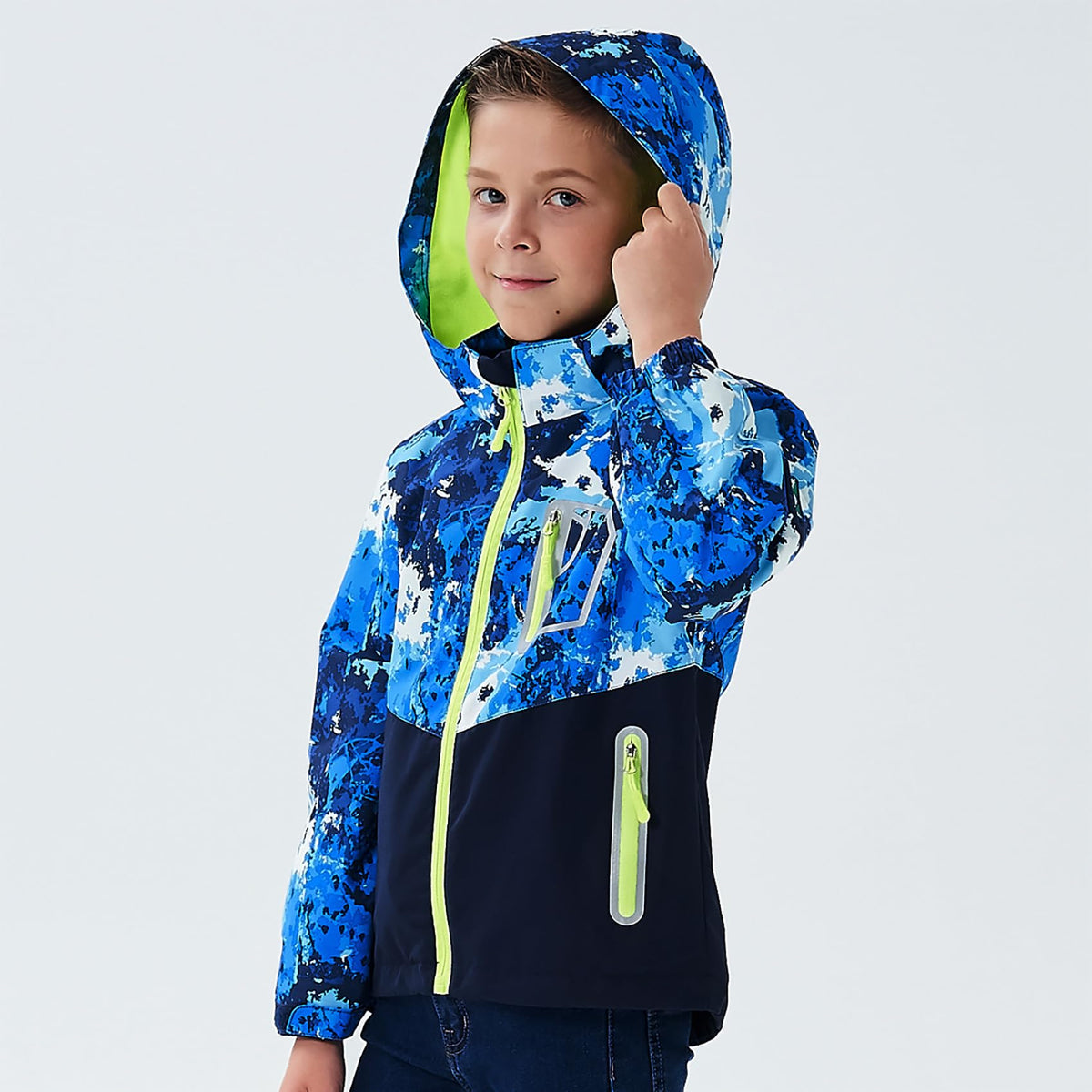 MGEOY Boys Rain Jacket Lightweight Waterproof Hooded Fleece Lined Raincoat Windbreakers for Kids Blue 7/8