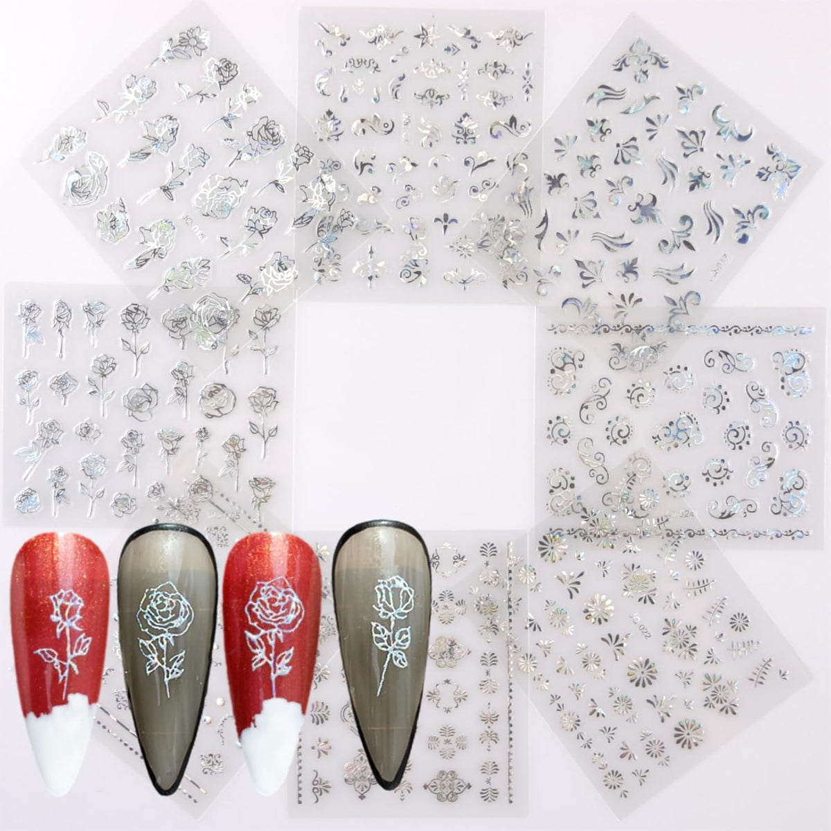 30 Sheets Silver Nail Art Stickers 3D Self-Adhesive Line Nail Decals for Acrylic Nails Lace Leaf Flower Nail Supplies for Nail Art Glitter DIY Design Nail Stickers for Women