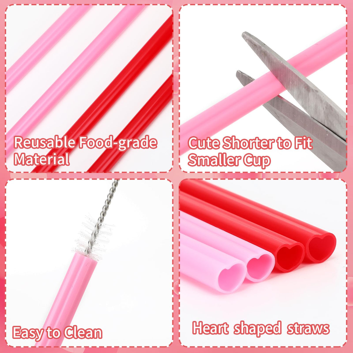 JANYUN 30 Pcs Pink Red Heart Shaped Straws, Reusable Valentines Plastic Drinking Straw for Valentines Day Party Favors Birthday Bridal Shower Wedding Supplies