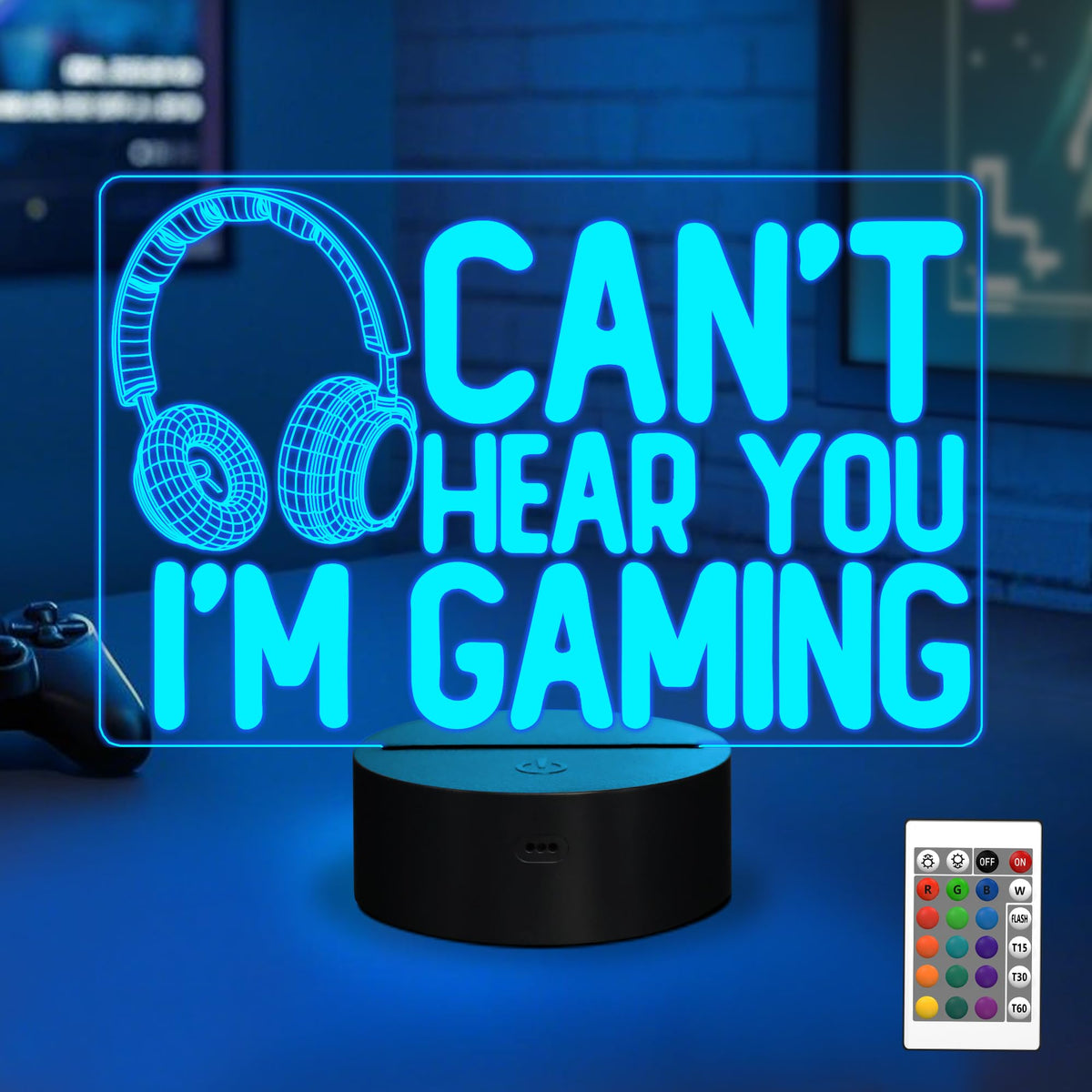 YuanDian Can't Hear You I'm Gaming Night Light, Headset Graphic Video Games Gamer Gift Funny 3D Illusion Lamp 16 Colors Changing Touch & Remote Control for Men Gamers Teenagers and Kids