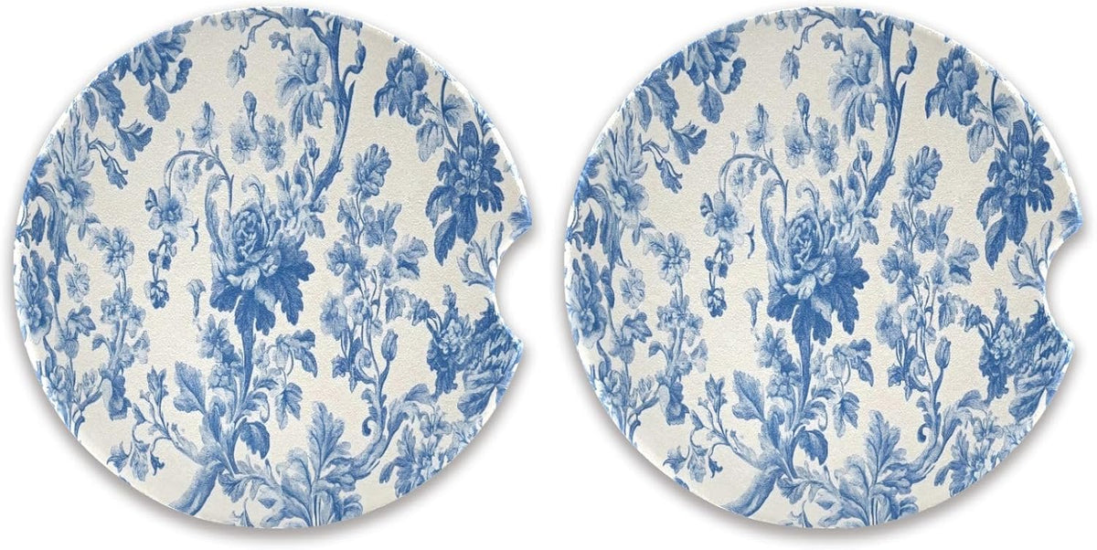 Car Cup Coaster 2 Pack Absorbent Car Coasters for Drinks Blue Flowers Ceramic Cup Holder with Finger Notch for Women and Men 2.5 inch Car Interior Accessories