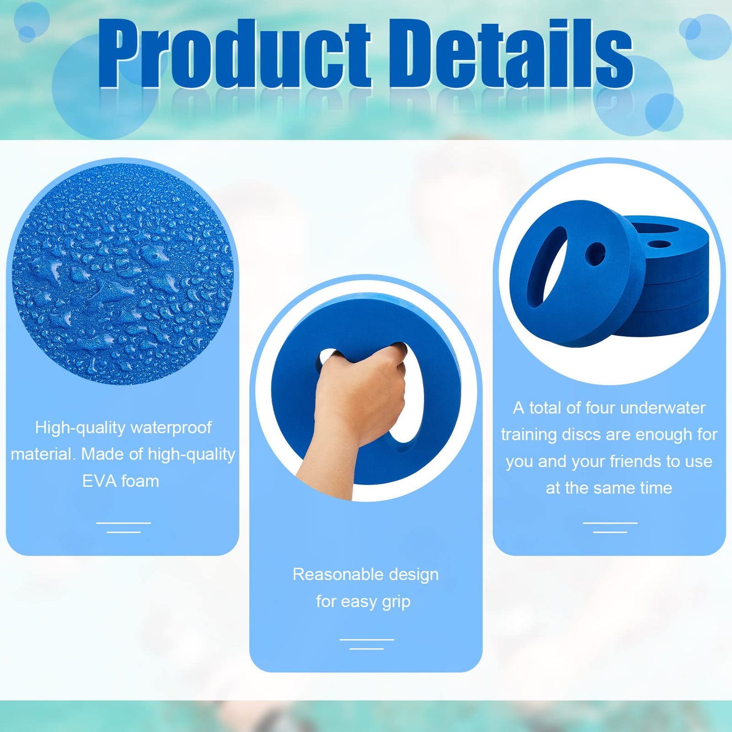 Deekin Water Exercise Discs Water Weights for Pool Exercise Set EVA Foam Water Aerobic Equipment Hand Held Swim Disc for Pool Water Aerobics Fitness, 7.1 Inches in Diameter(Blue,4 Pcs)
