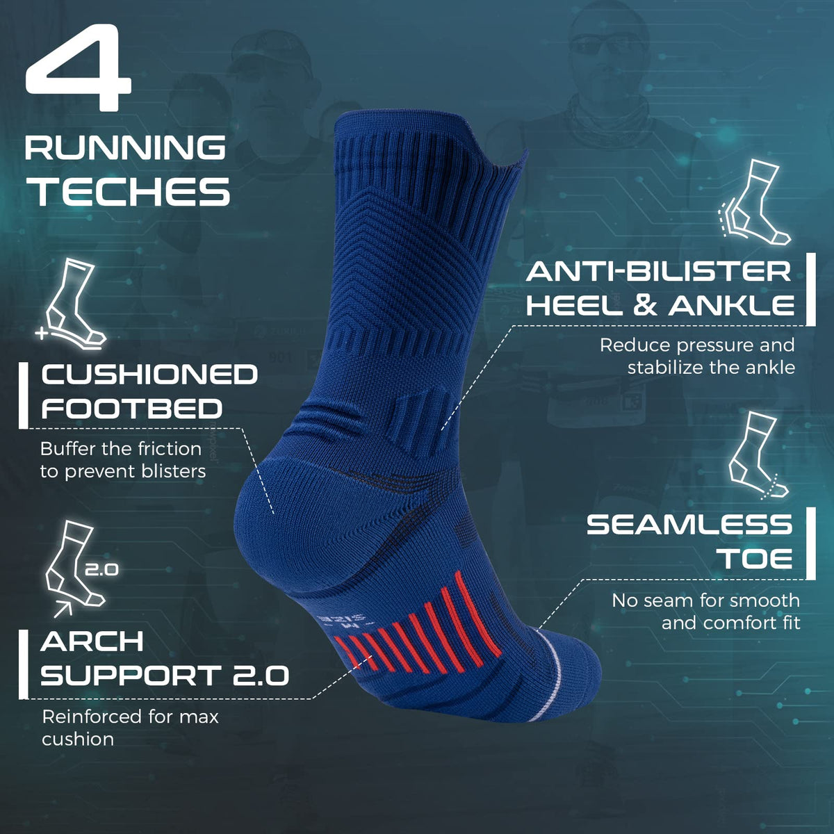 Compression Running Socks 3 Pairs, Cushion Crew Socks, Anti-Blister Moisture Wicking Athletic Hiking Basketball Socks