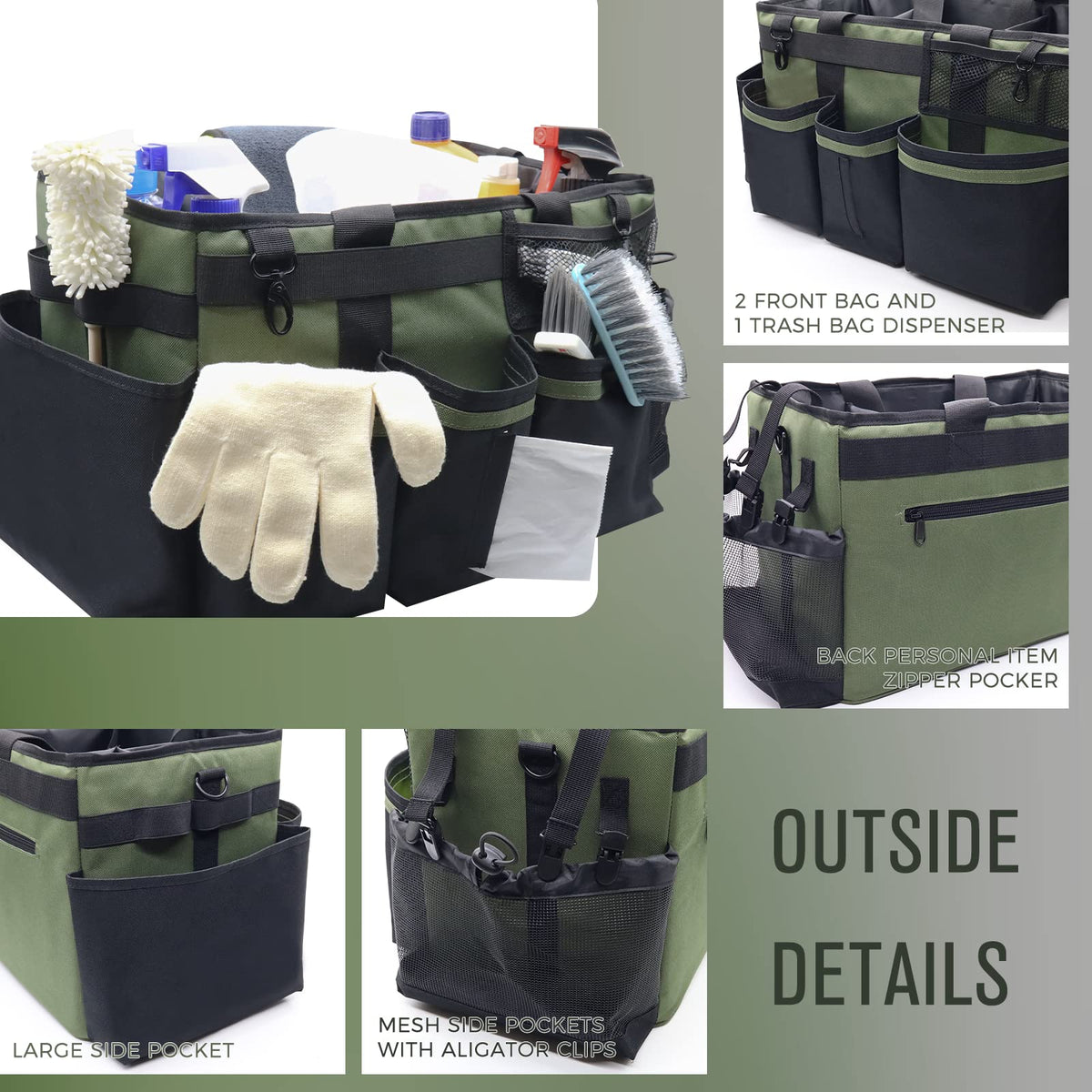 SCAVATA Wearable Cleaning Caddy Organizer with Handle & Shoulder Straps for Housekeepers, Under Sink & Car Cleaning Tool Organizer Bag with 4 Foldable Dividers (Green)