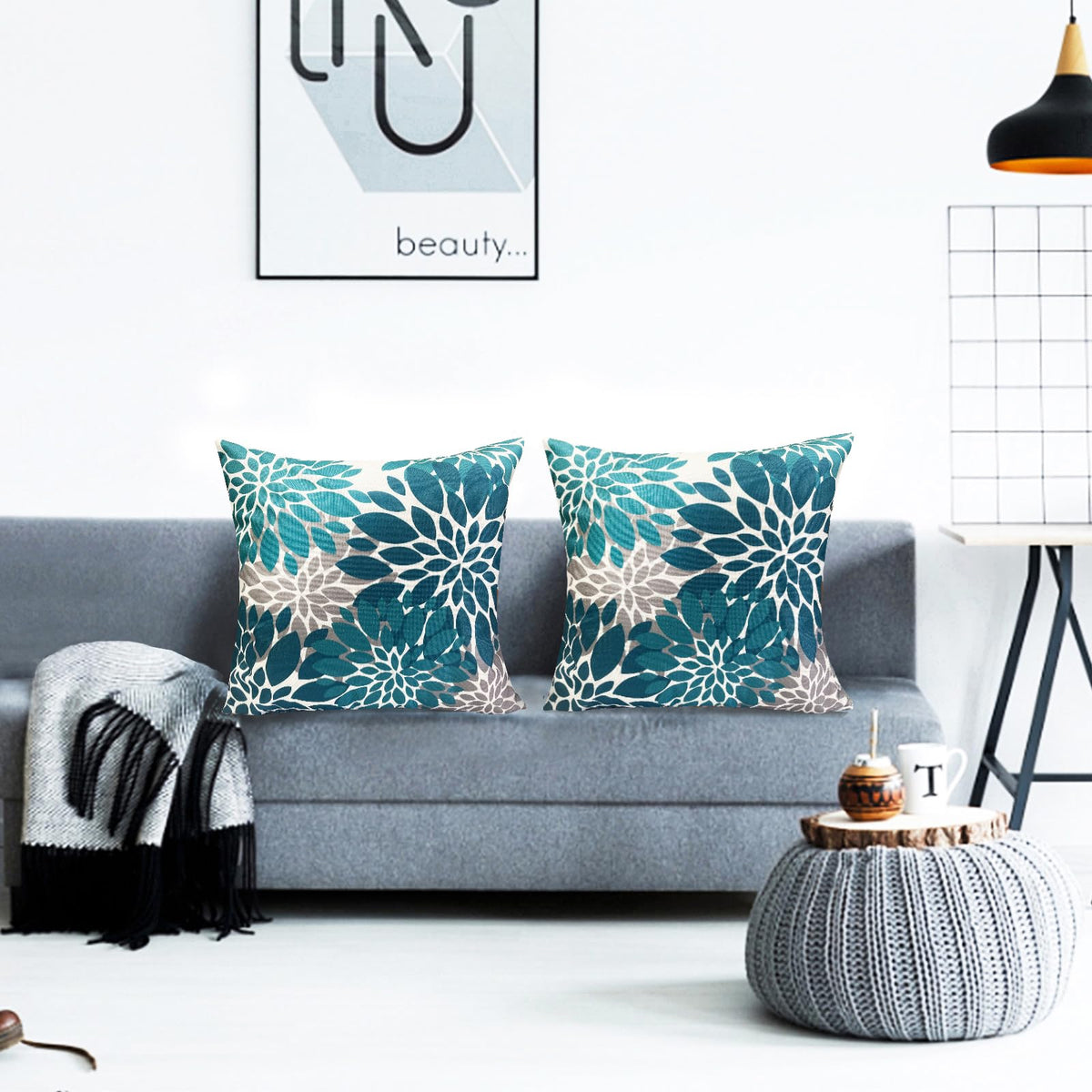 RYSMIYOU Decorative Throw Pillow Covers Set of 2 Teal Blue pillow covers 18x18 inch Throw Pillow Cases Linen Square Pillow Case,Farmhouse Outdoor Floral Flower Pillow Covers for Couch Sofa Living Room