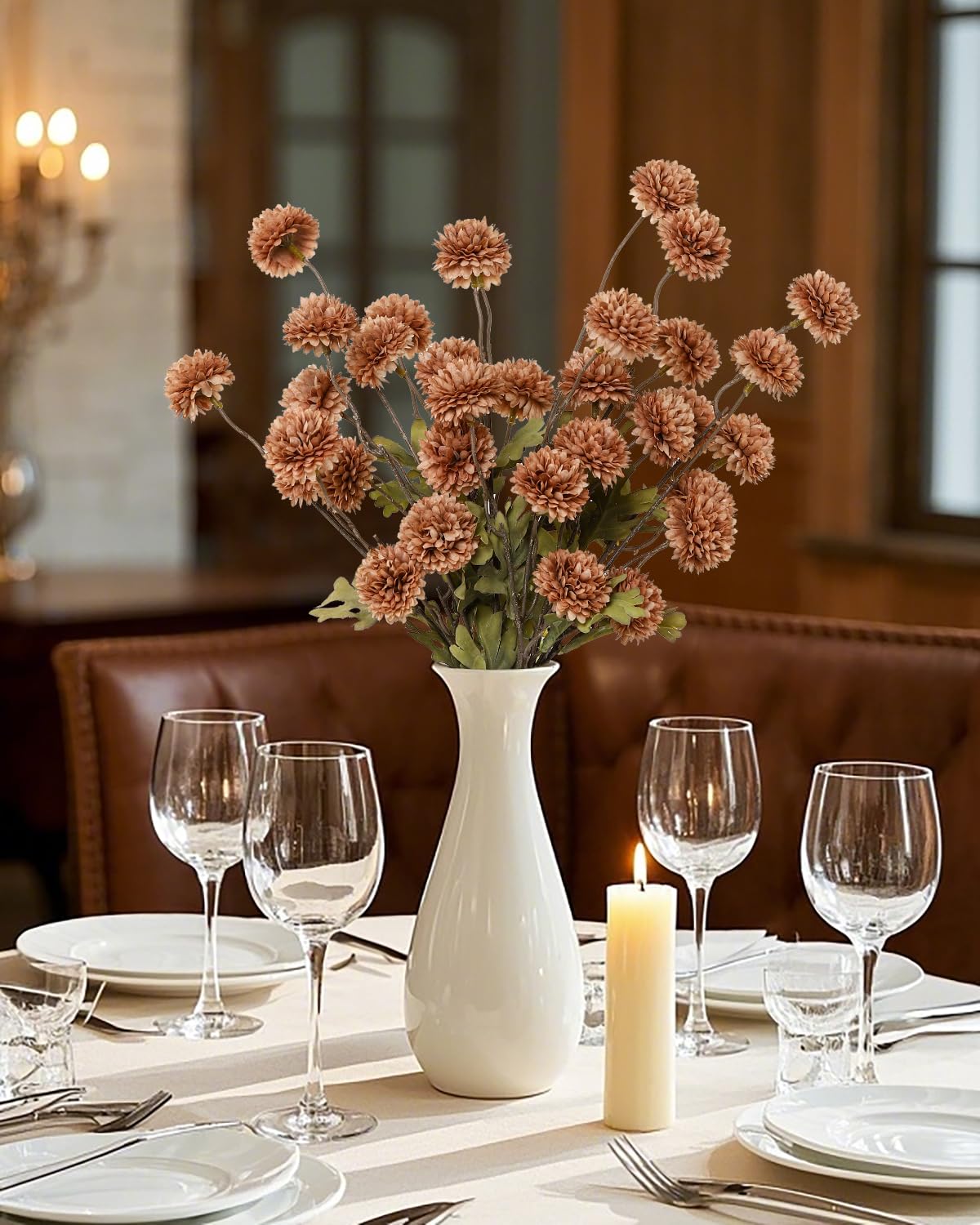 DuHouse 6pcs Artificial Flowers Faux Silk Pompon Mum,Silk Small Mini Chrysanthemum Ball with Stems for DIY Bouquets Centerpieces Vase Home Table Kitchen Decoration(Coffee)