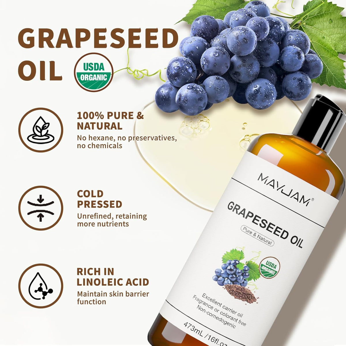 Organic Grapeseed Oil for Skin & Hair 16 oz, USDA Certified 100% Pure & Natural Grape Seed Oils, Cold Pressed Body Massage Carrier Oil for Skin Face Essential Oils Mixing, Hexane Free
