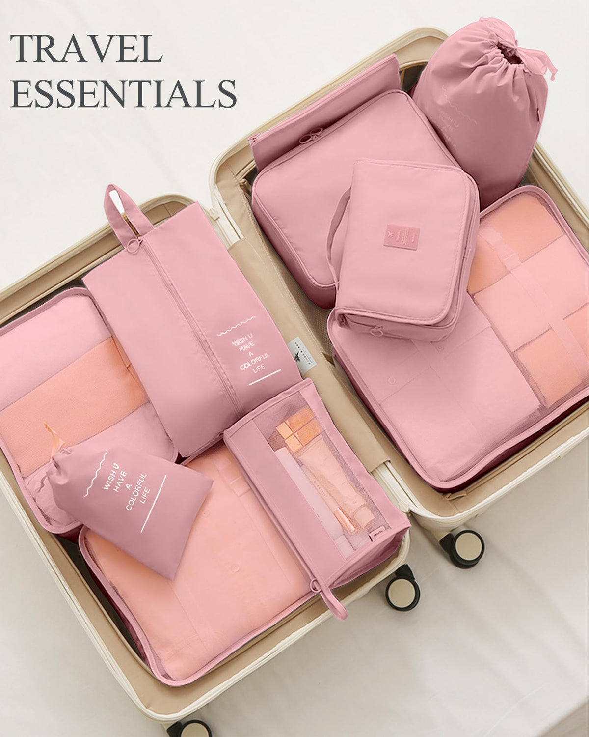 TRMFUSA Packing Cubes 10 PCS, Mesh Breathable Luggage Organizers Bags, Packing Organizers, Durable Travel Essentials Bags Set, Travel Packing Organizers,Pink