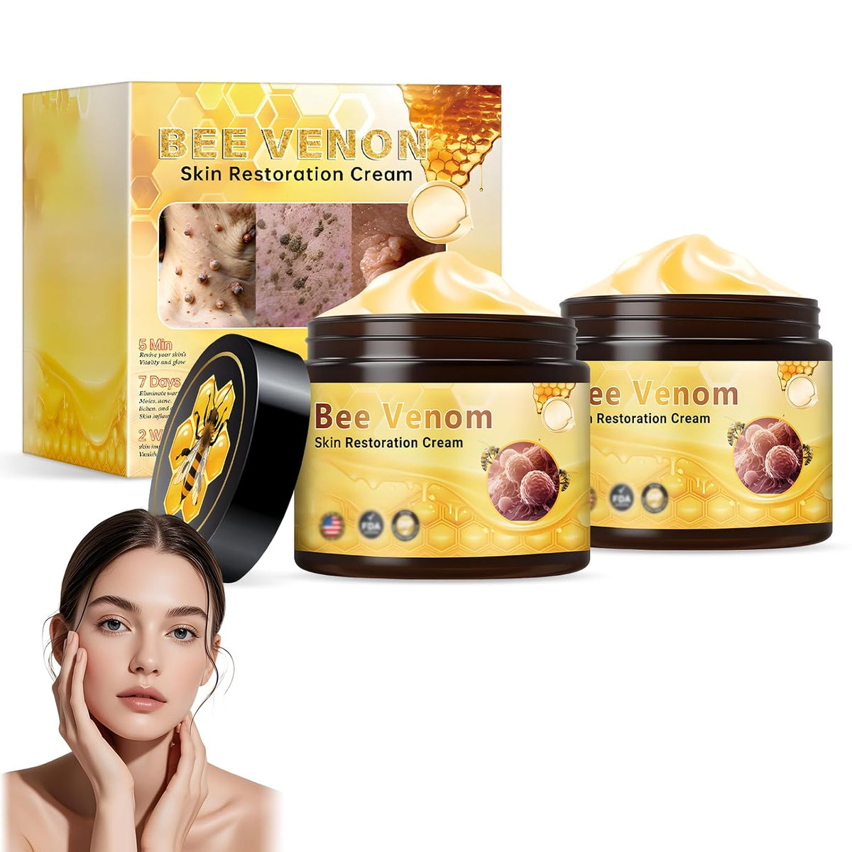 2Pcs Bee Venom Skin Restoration Cream, Professional Bee Venom Comprehensive Skin Treatment Cream, for Firming, Wrinkle Reduction & Moisturizing, Natural Serum for All Skin Types