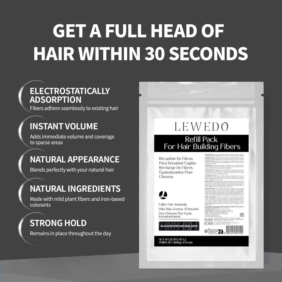 Hair Building Fibers Refill Pack - 100g Instant Thickening Fibers for Men & Women, Natural Cotton Powder, Wind/Rain Resistant, For All Hair Fiber Applicator Bottles (Dark brown)
