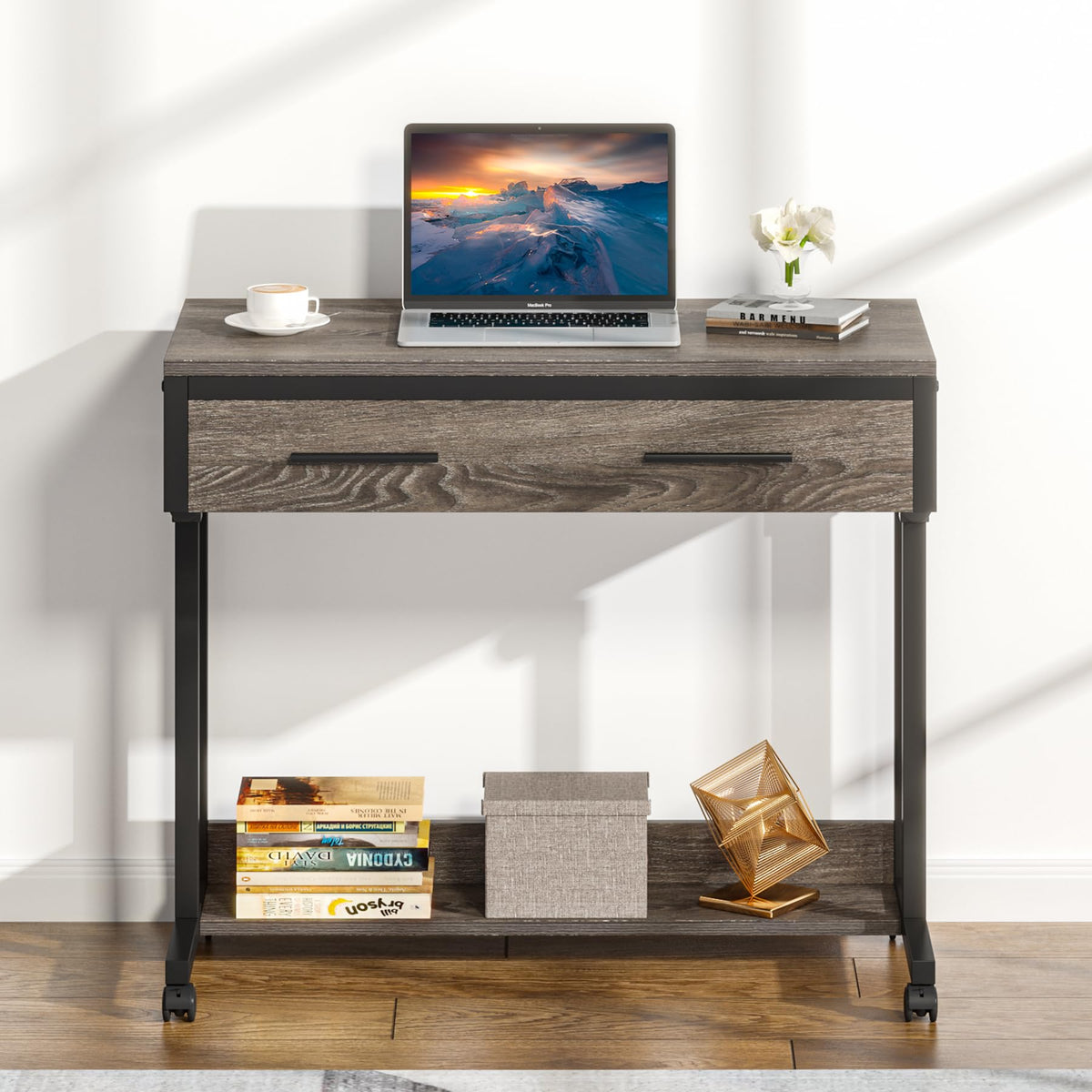 LITTLE TREE Portable Computer Desk with Wheels, Mobile Laptop Desk Table Standing Desk, Small Portable Desk Bed Desk with Drawers for Home Office (Grey, Adjustable Height 27.5'' to 41.3'')