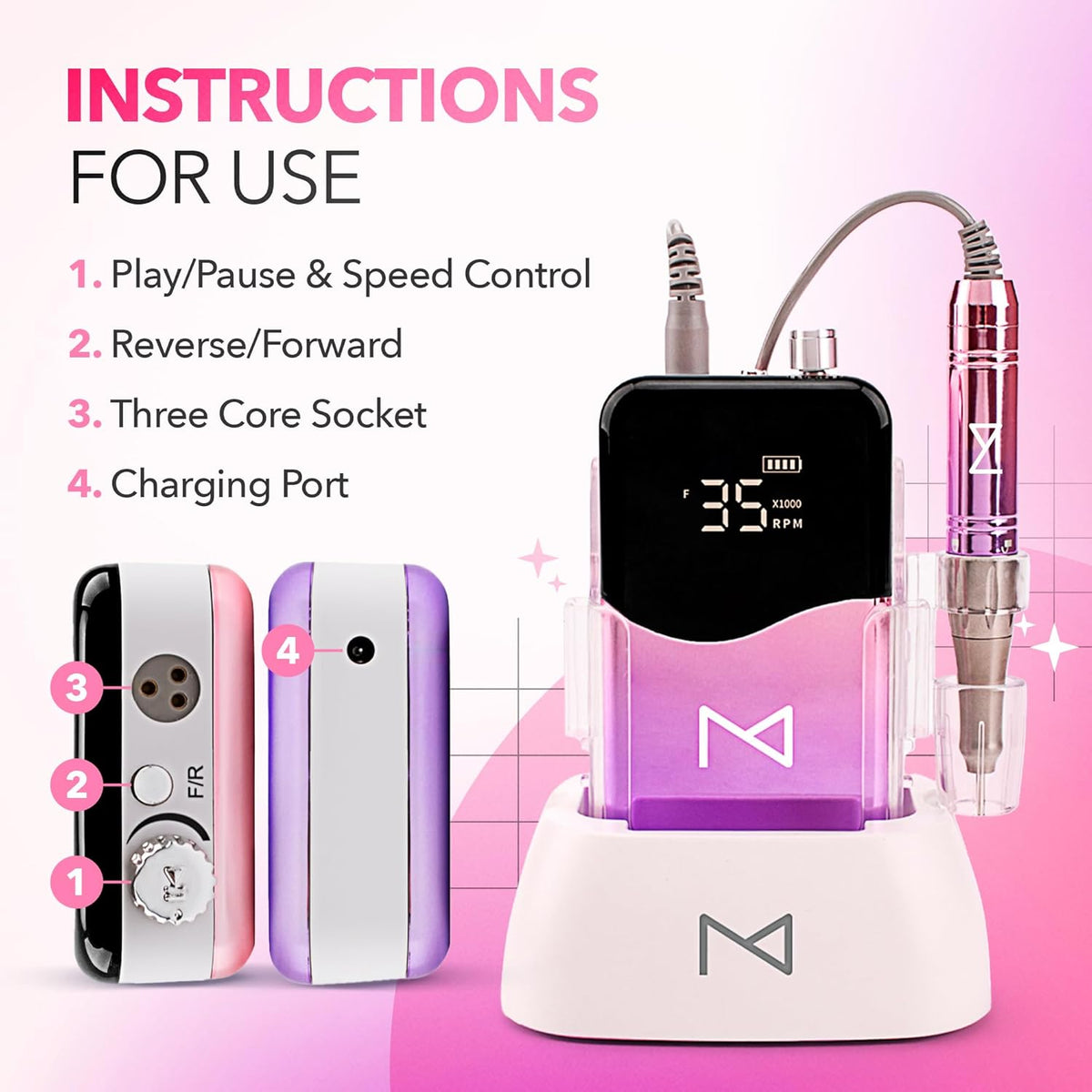 M Mase- Professional Nail Drill Machine - Coreless 2-in-1 Nail File - Electric, Cordless, 35000 RPM, HD Display - Electric Nail Drill for Professional & Home Use (Unicorn Purple)