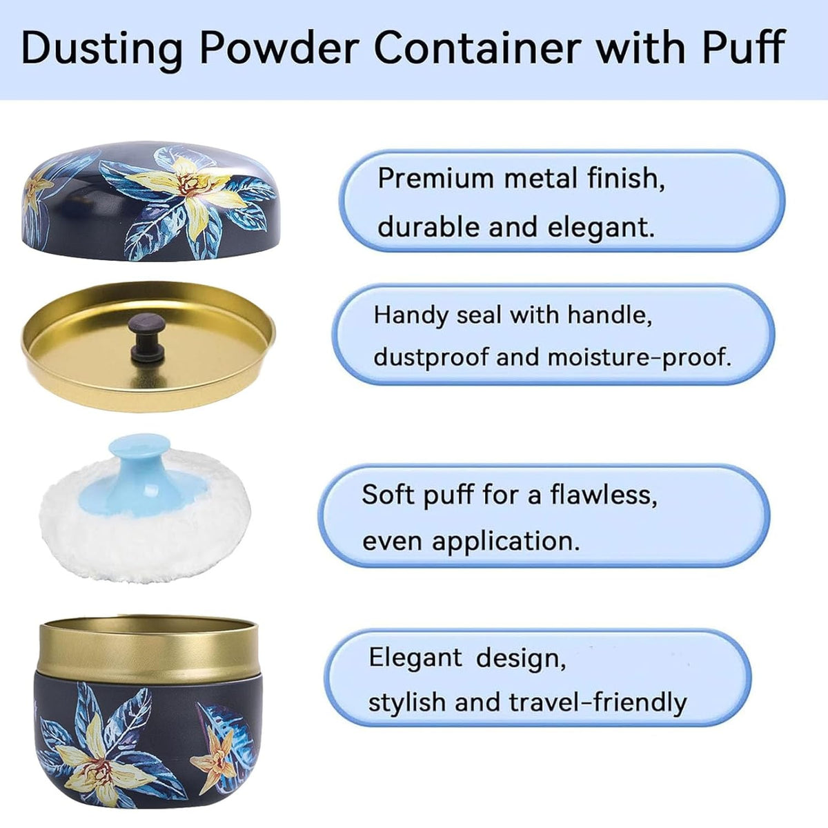 Body Powder Puff and Container, 3.35" Portable Dusting Powder Container with Soft Puff LoosePowder Case Box Jar with Lids for Baby Women Home and Travel Use