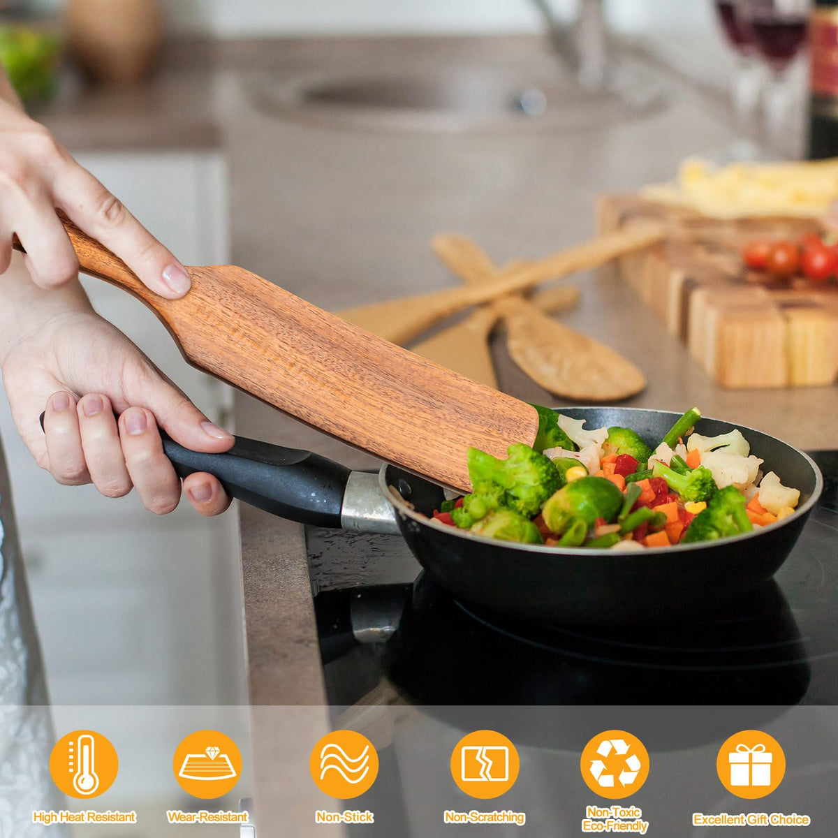 Spurtles Kitchen Tools Wooden, 7Pcs Wooden Spoons for Cooking, Natural Premium Spatula Set, Heat Resistant Cooking Utensil for Nonstick Cookware, Spurtle for Sourdough Starter