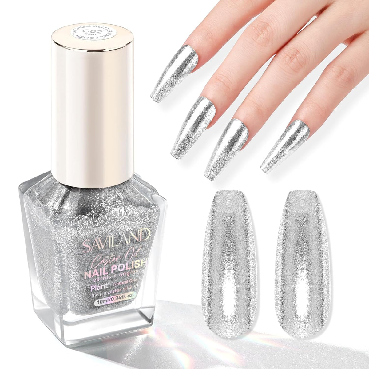 SAVILAND Color Artistry Sparkle Silver Nail Polish - 7 Days Shimmer Glitter Fingernail Polish Non Gel, Air Quick Dry Long Last Shine Diamond Silver Nail Lacquer Toe Nail Art Salon Manicure Home