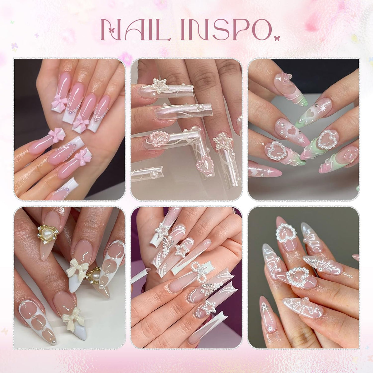 3D Nail Charms and Gems Set 8 with Rhinestone Glue, 20PCS Chunky Butterfly Charms + 75PCS Coquette Nail Bows and Hearts + 3D Flowers with Crystals, Pearls, Diamonds and Picker Tools for Y2K Nail Decor
