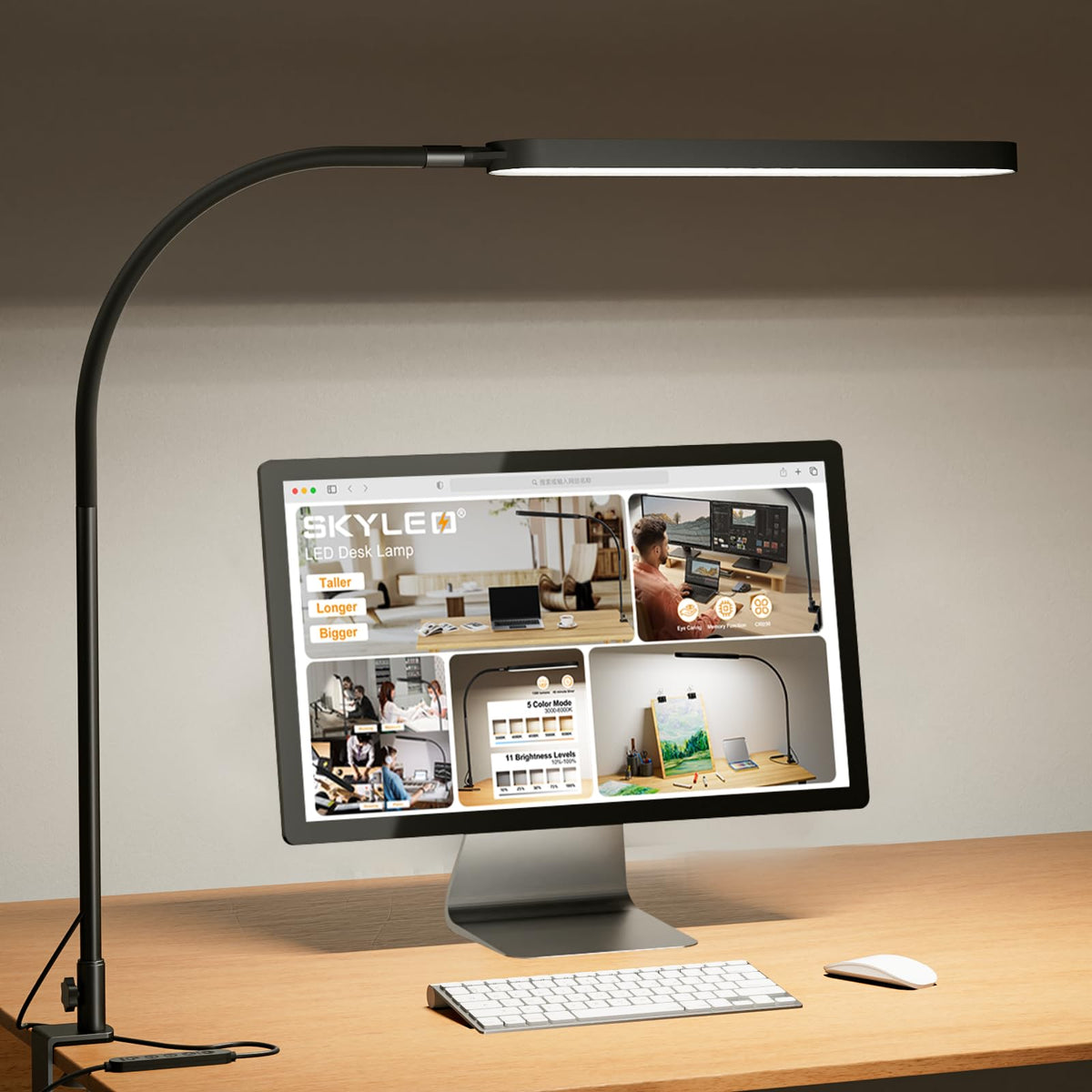SKYLEO Led Desk Lamp - Desk Light for 31.5" Tall - 5 Color Modes X 11 Brightness Levels - Adjustable Swing Arm - Timmer & Memory Function - 12W Lamp for Desk - Black