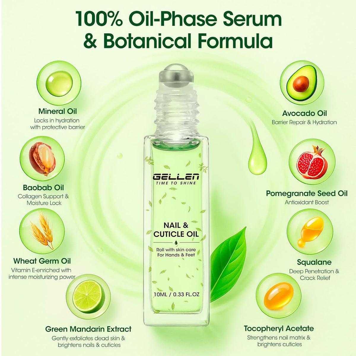 Gellen Cuticle Oil, Roll-On Nail Growth Oil, Nail Oil for Nail Growth & Repair & Strength, Green Citrus Avocado Baobab Oils Vitamin E, Nail Care for Damaged Skin & Thin Nails, Soften & Nourish Cuticle
