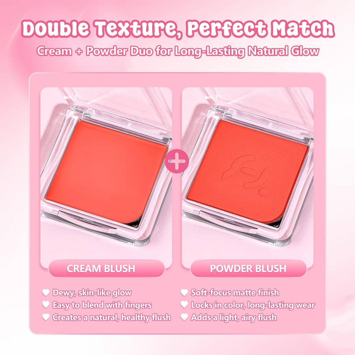 Blush Palette Duo – Cream & Powder Blush Set in Orange Red, Long-Wearing & Moisturizing, Easy to Blend, Radiant Coverage for Cheeks, Eyes & Lips, Magnetic Palette Compatible (2-Pack, Cherry Rush)