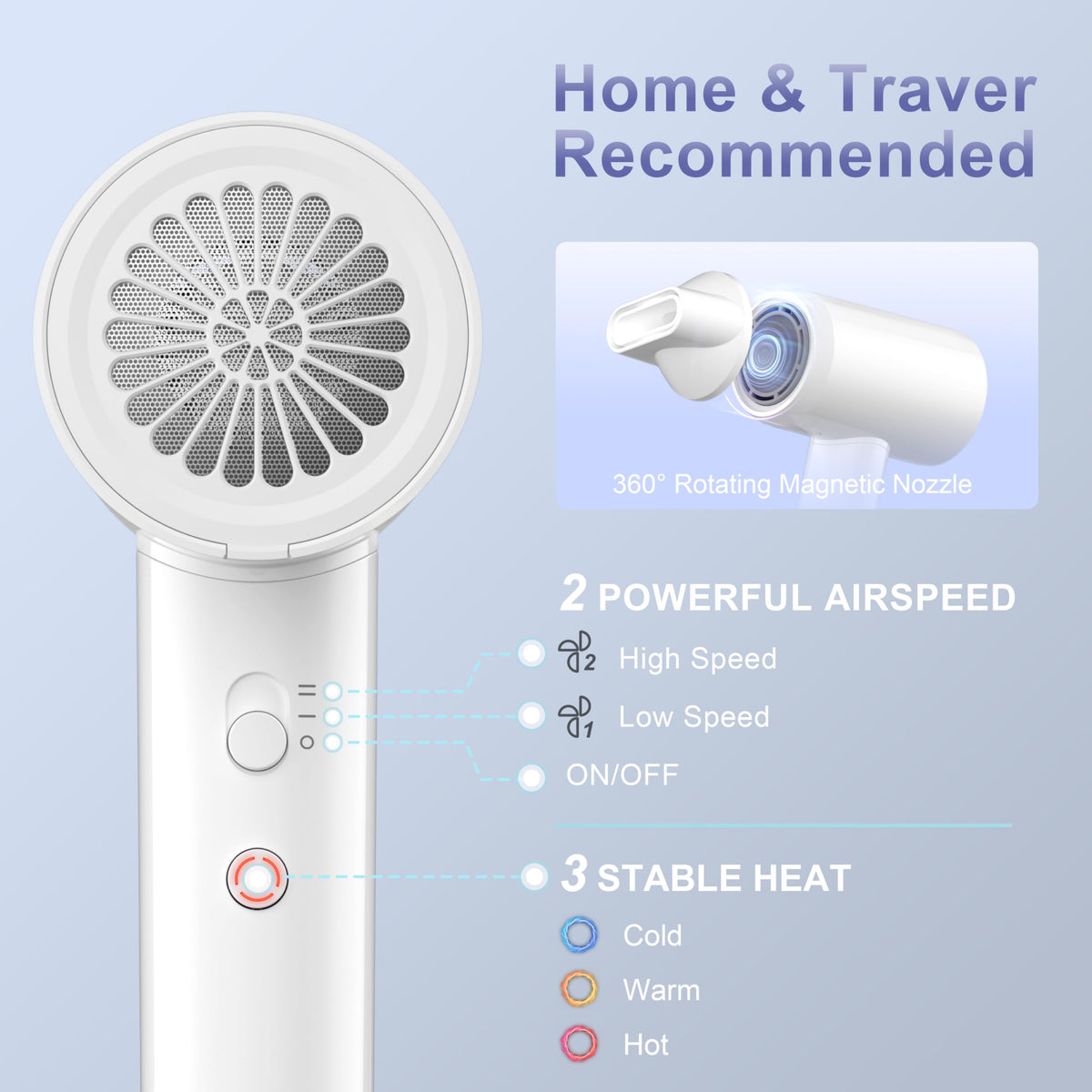 YAPOY Hair Dryer, 200 Million Ionic Blow Dryer, 110,000 RPM Fast Drying, Reduced Frizz, Intelligent Thermo-Control, Low Noise, Lightweight for Adult/Children/Dog, Home/Hotel/RV/Travel