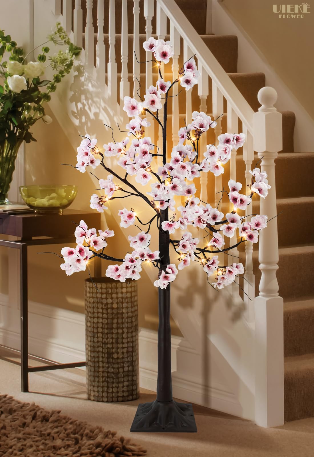 Uieke 4FT Cherry Blossom Tree, 48 Fairy Lights Artificial Lighted Tree for Home Inside Outdoor Spring Wedding Party Festival Decor, Warm White