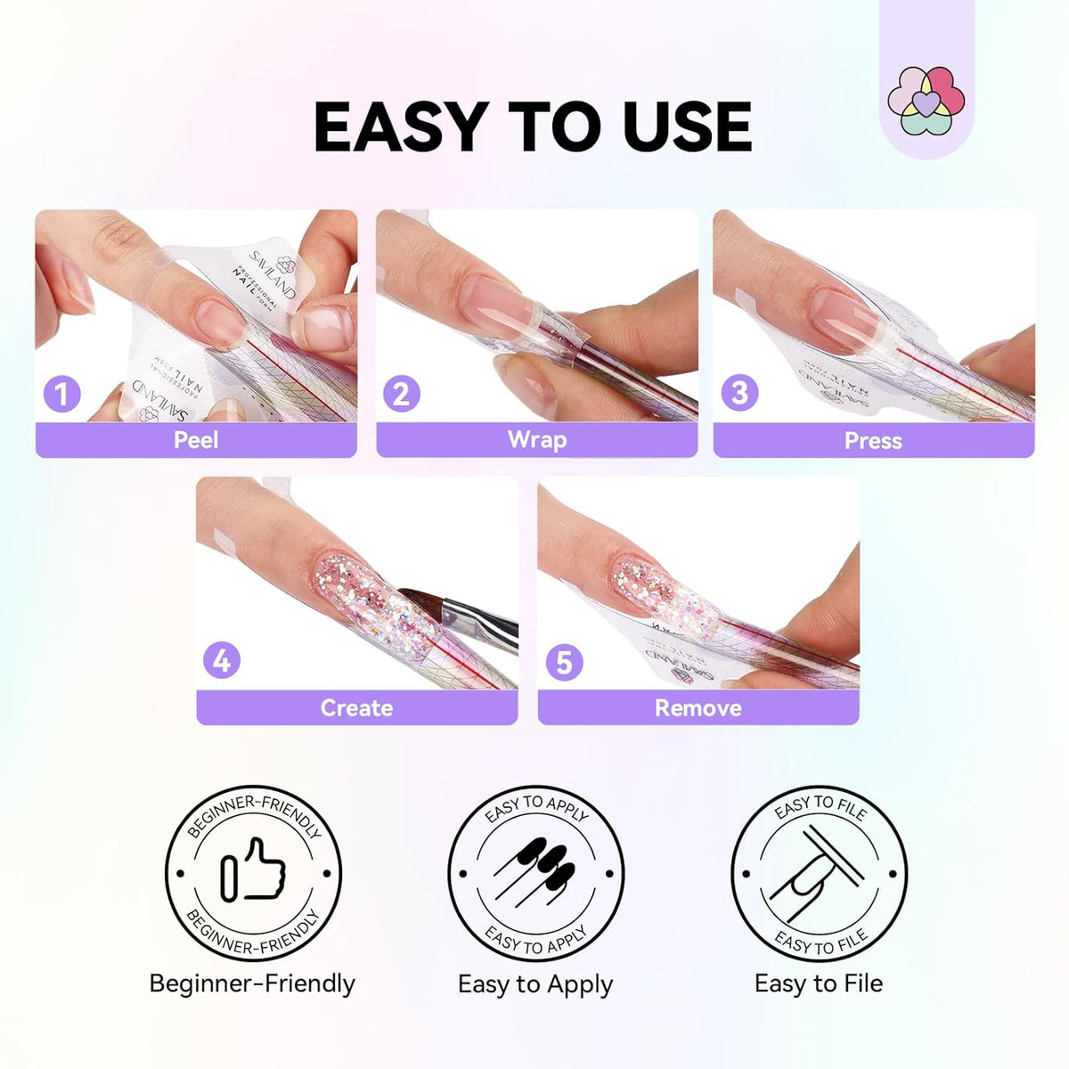 SAVILAND Plus Nail Forms: Reusable Sticky Nail Form for Builder Gel Super Adhesive Nail Extension Forms for Acrylic Nails with Precise Length Guide for Nail Art