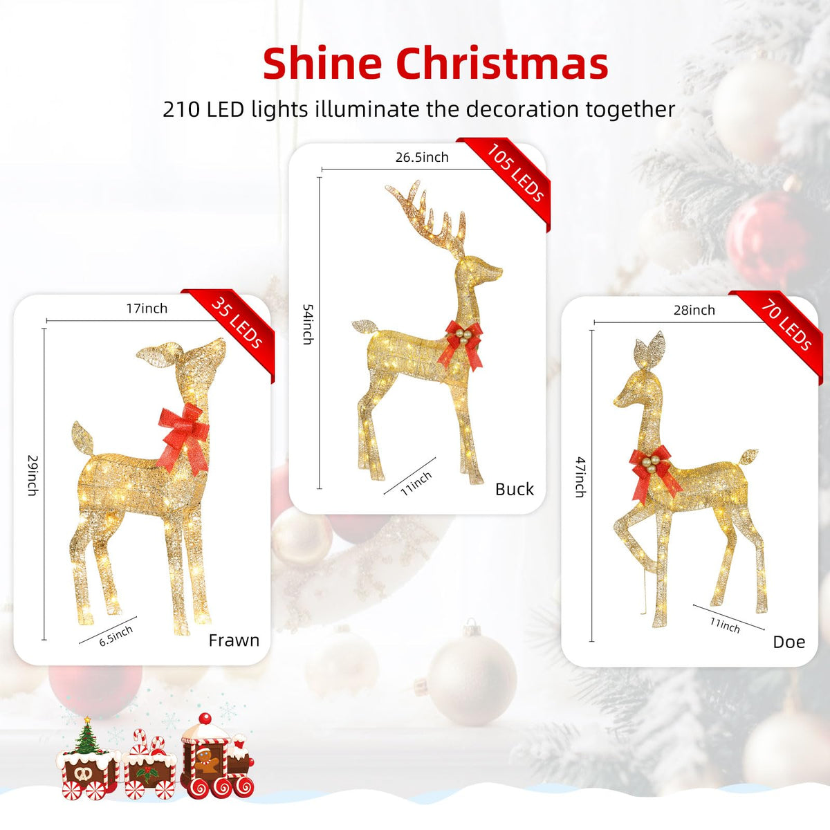 Lighted Christmas Decoration Deer 3 Piece, HOYECHI Light up Christmas Decor Reindeer Family Set for Indoor Outdoor Front Yard Porch with LED Lights, Plug, Ground Stakes - Gold