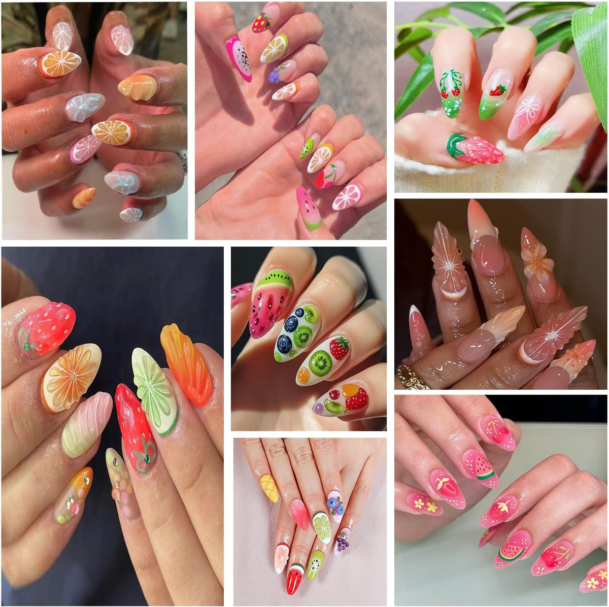 6Sheets Summer Fruit Nail Art Stickers 3D Self -Adhesive Cherry Strawberry Lemon Nail Decals Holographic Cute Peach Watermelon Nail Stickers Fruit Nail Decals Decoration for Women Manicure Supplies