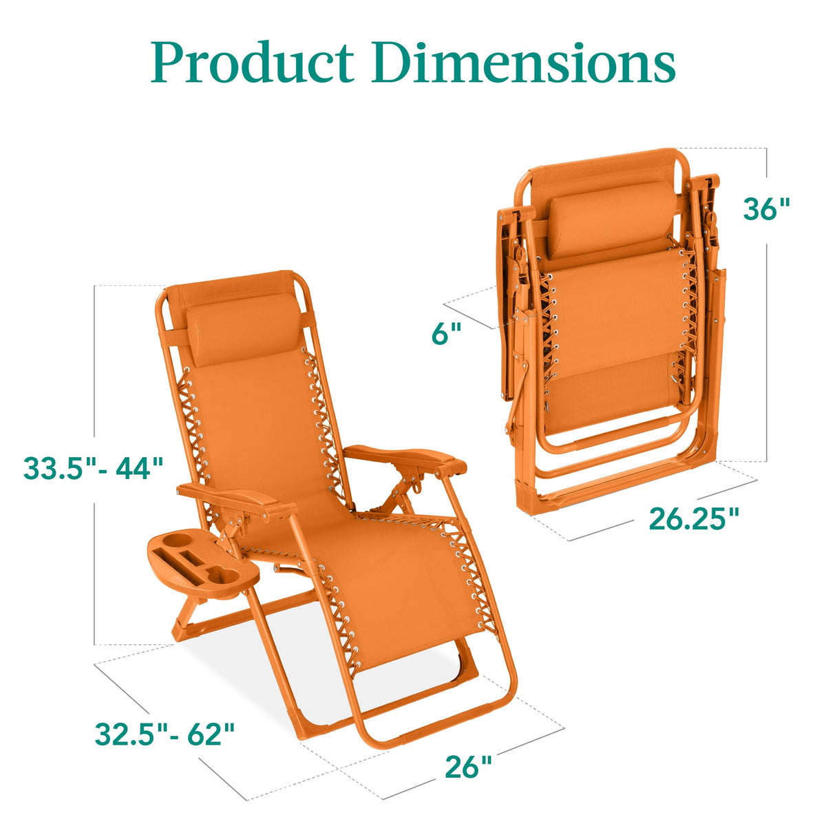 Best Choice Products Adjustable Zero Gravity Chair, Monochromatic Color Folding Patio Recliner w/Side Tray, Headrest - Tangerine