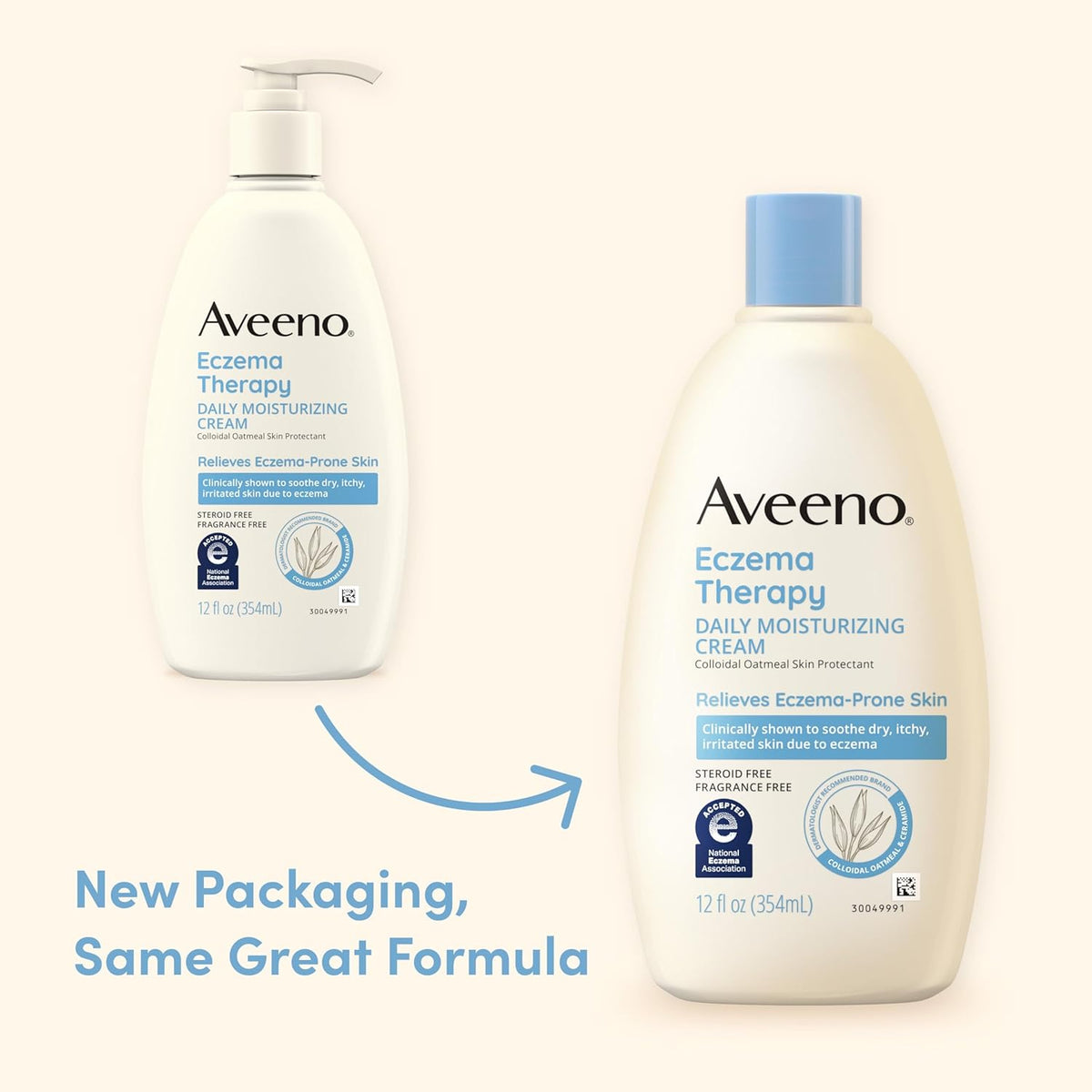 Aveeno Eczema Therapy Daily Moisturizing Body Cream for Sensitive Skin, Soothing Eczema Relief Cream, Colloidal Oatmeal & Ceramide for Dry & Itchy Skin, Steroid- & Fragrance-Free, 12 oz