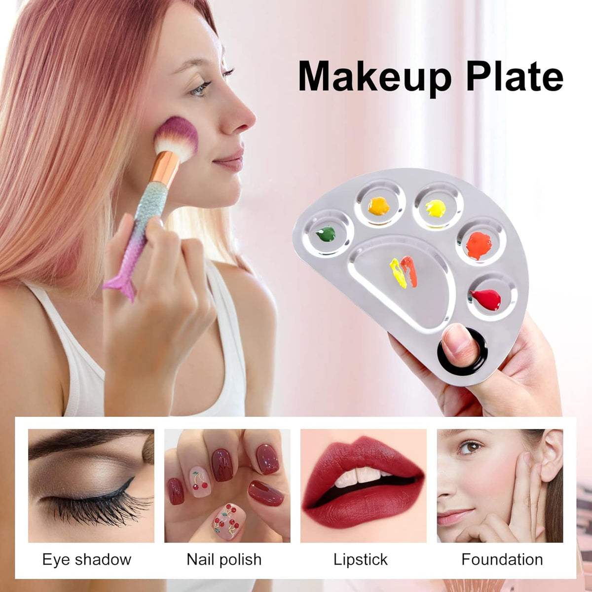 Makeup Palette, Makeup Mixing Palette, Stainless Steel Metal Foundation Palette with Spatula Artist Tool for Mixing Foundation Nail-Art, Cosmetic Mixing Makeup Palette, Makeup Plate, 6×4"/Silver/2pcs