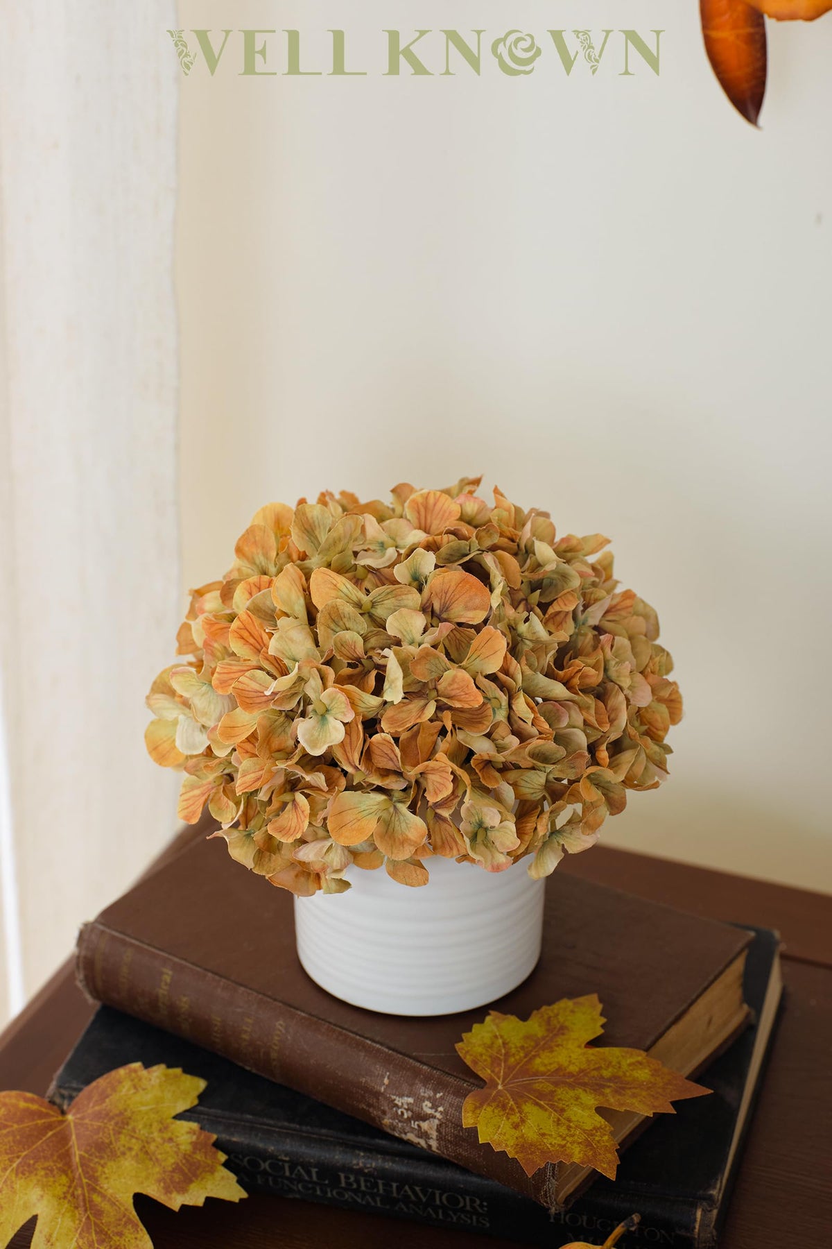 Hydrangea Fake Flowers in Vase, Artificial Flowers with Ceramic Vase Small Faux Potted Floral Arrangements for Bathroom Home Desk Kitchen Counter Vanity Shelf Coffee Table Centerpiece Decor (Orange)