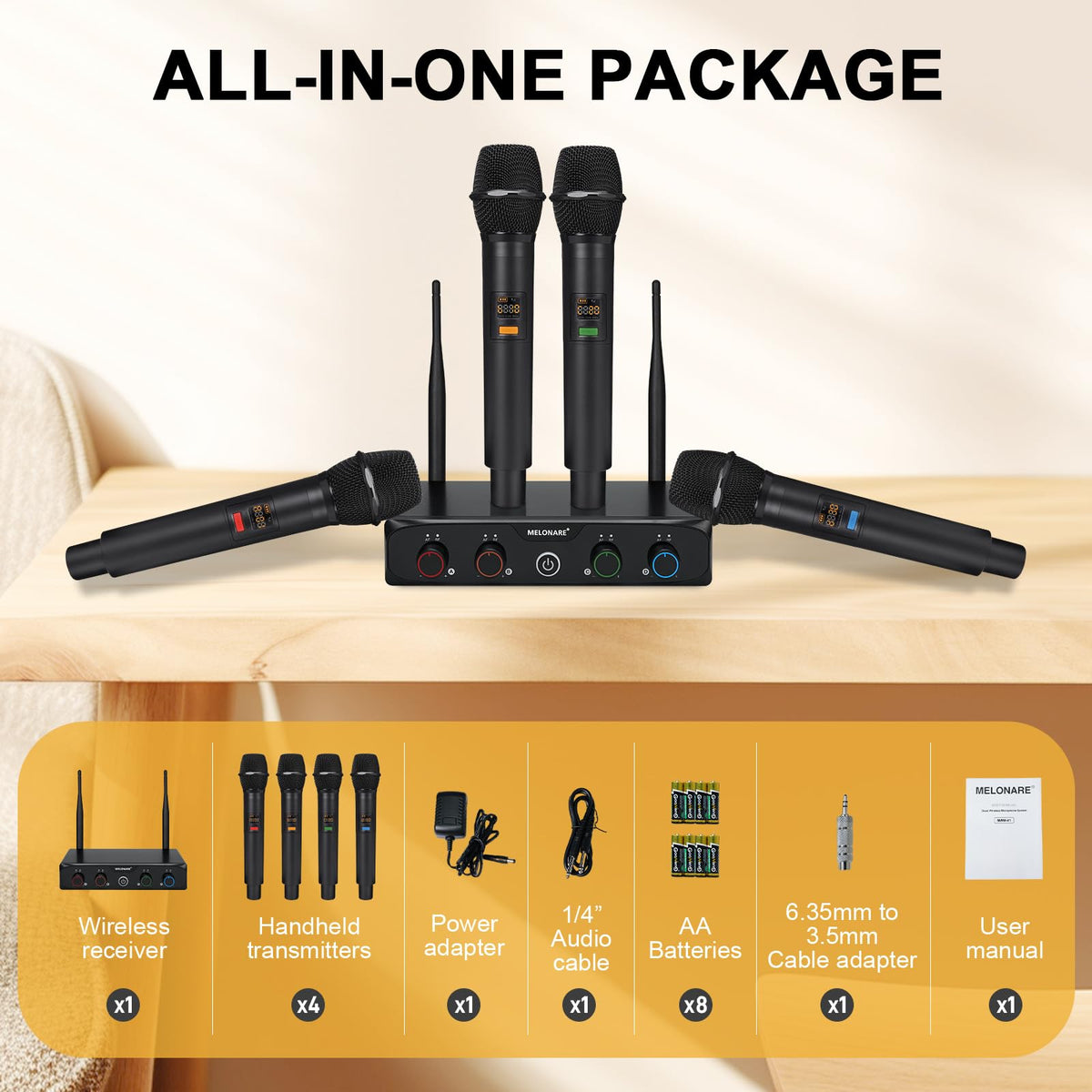 MELONARE 4-Channel Wireless Microphone System, UHF Compact Cordless Mic Set w/ 4x10 Frequencies, 200ft Range, Dynamic Handheld Microphone for Singing, Karaoke, Church, DJ, Wedding (MWM-41-4H)