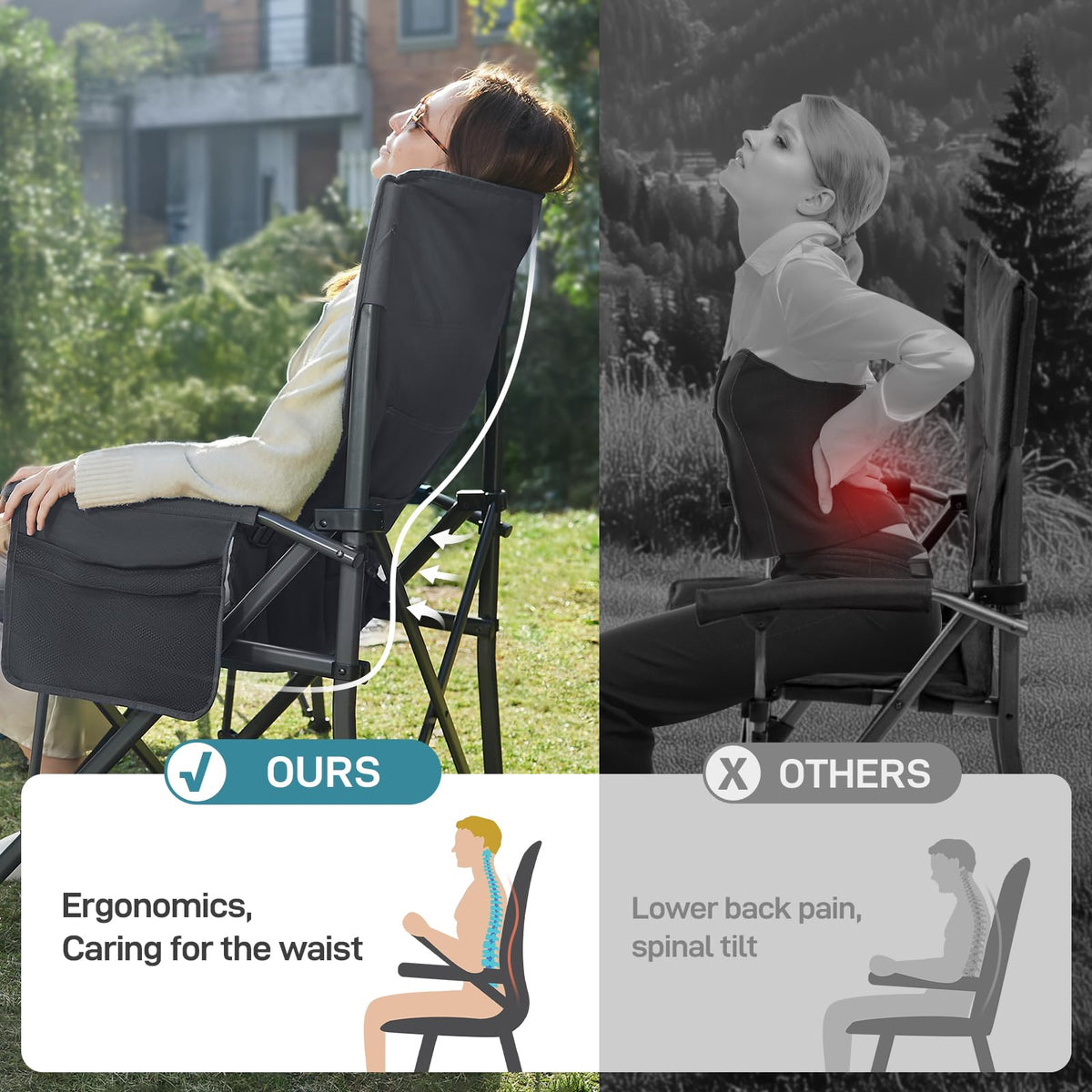 EVER ADVANCED Oversized Folding Camping Chair for Adults with Adjustable Lumbar Support, Heavy Duty Chair with Side Pockets, Portable Collapsible Quad Chair for Outside, Support Up to 500lbs,Grey