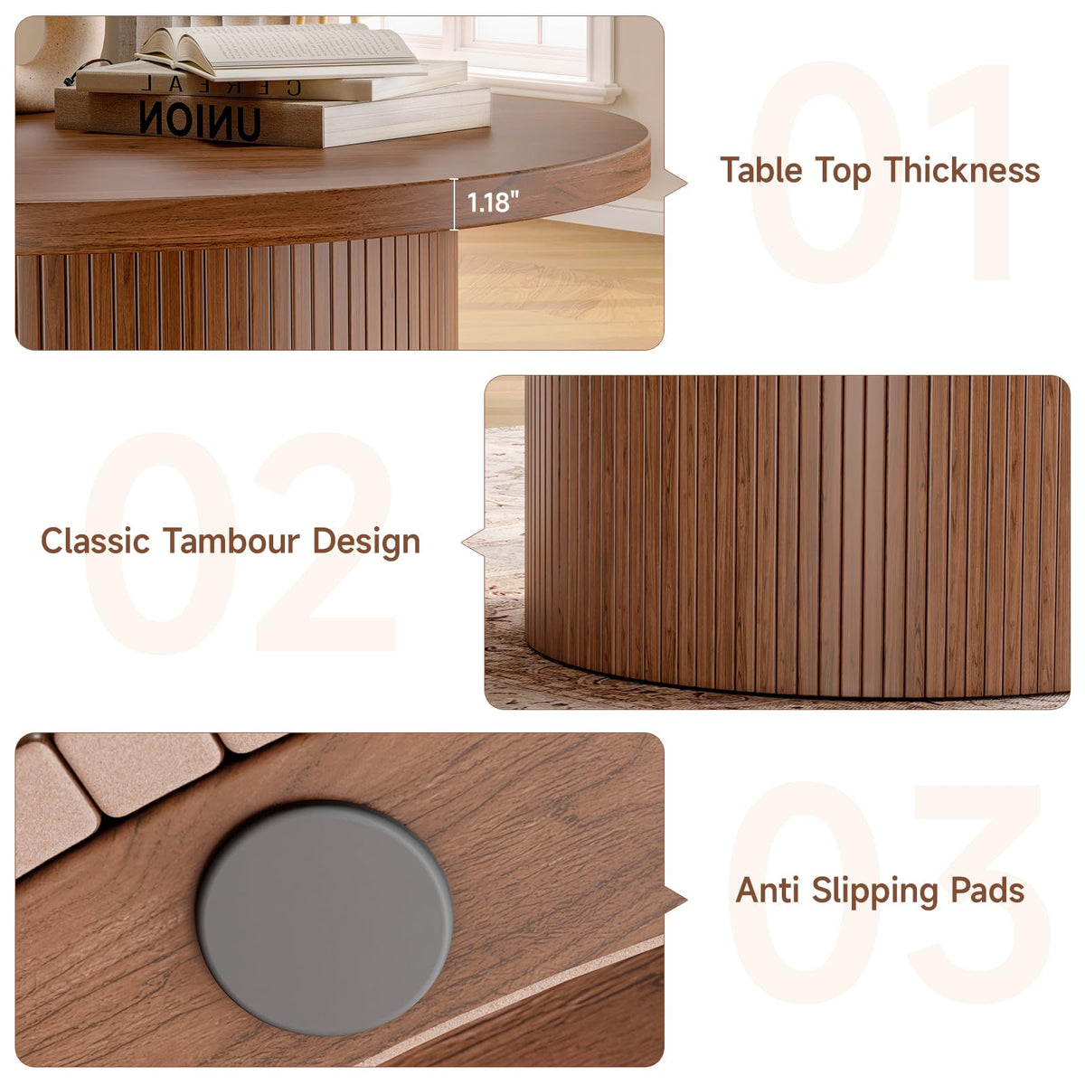 ONBRILL 31.5" Round Coffee Table, Tambour Design Coffee Tables for Living Room, Mid Century Modern Wood Coffee Table, Drum Accent Small Center Table, Walnut