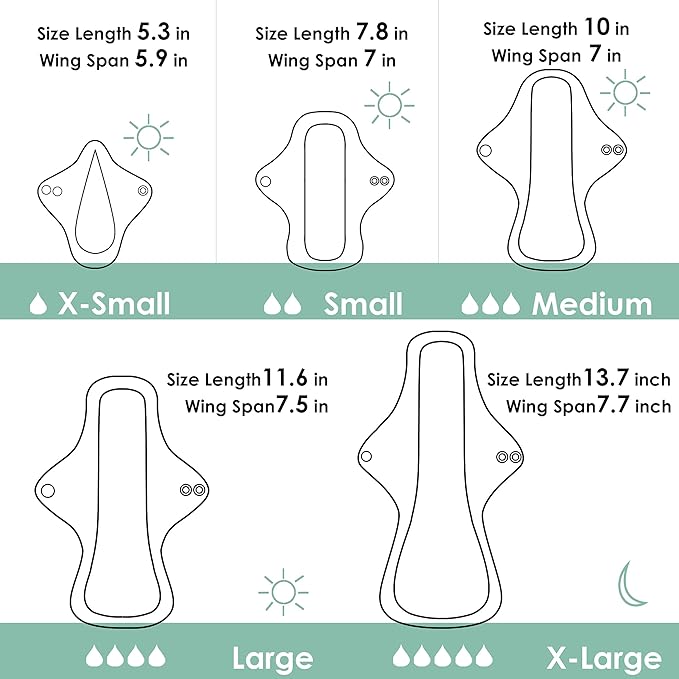wegreeco 6 Pc Reusable Menstrual Pads, Ultra Absorbent Cloth Pads for Light/Heavy Flow, Sanitary for Teens, Women, Nonslip Panty Liners + Bag (Aqua, Burgundy, Coffee, XL)