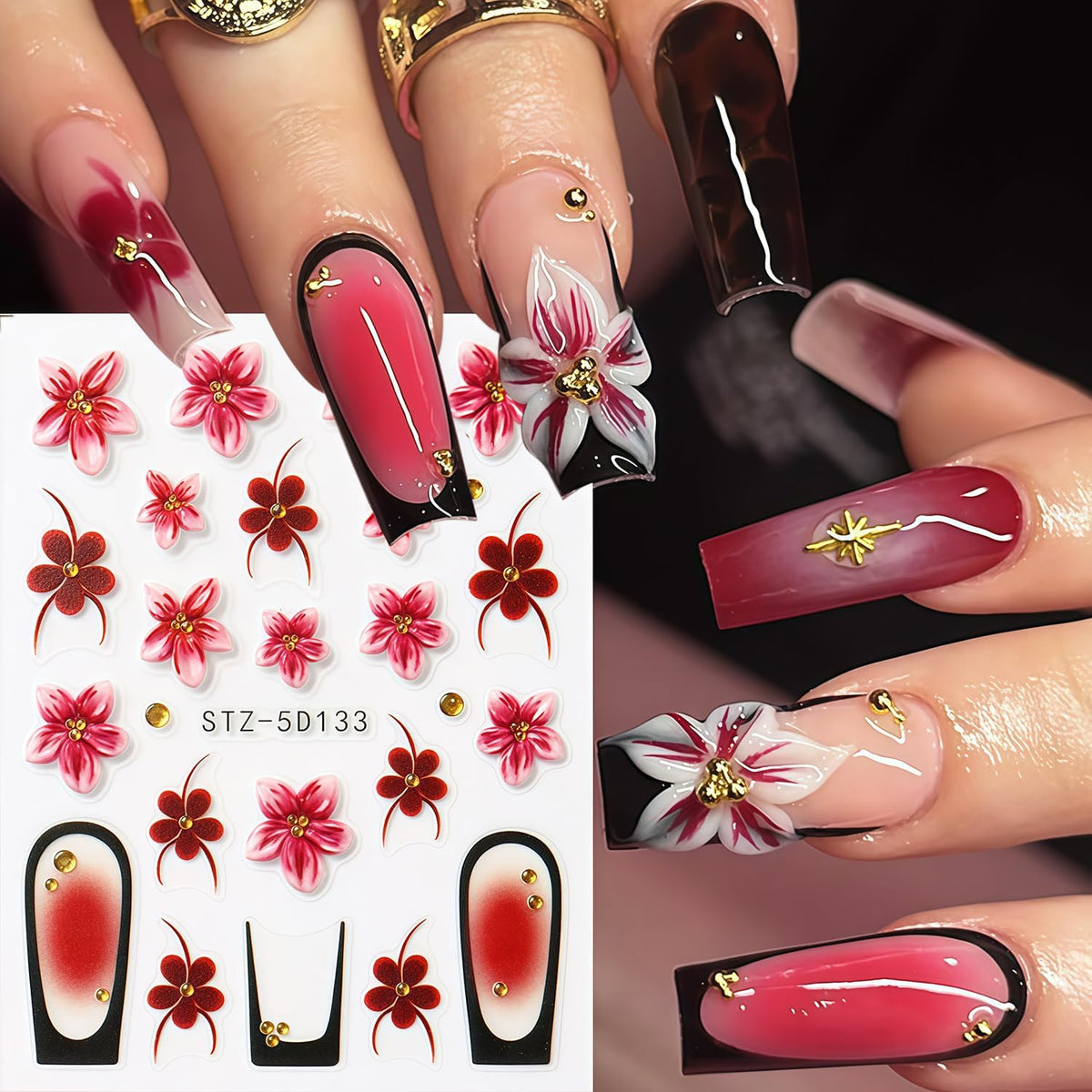 Flowers Nail Art Stickers Decals 5D Embossed Self-Adhesive Summer Flowers Nail Stickers French Tip Design Nail Decals Spring and Summer Flower Sticker for Women DIY Manicure Decoration Supplies