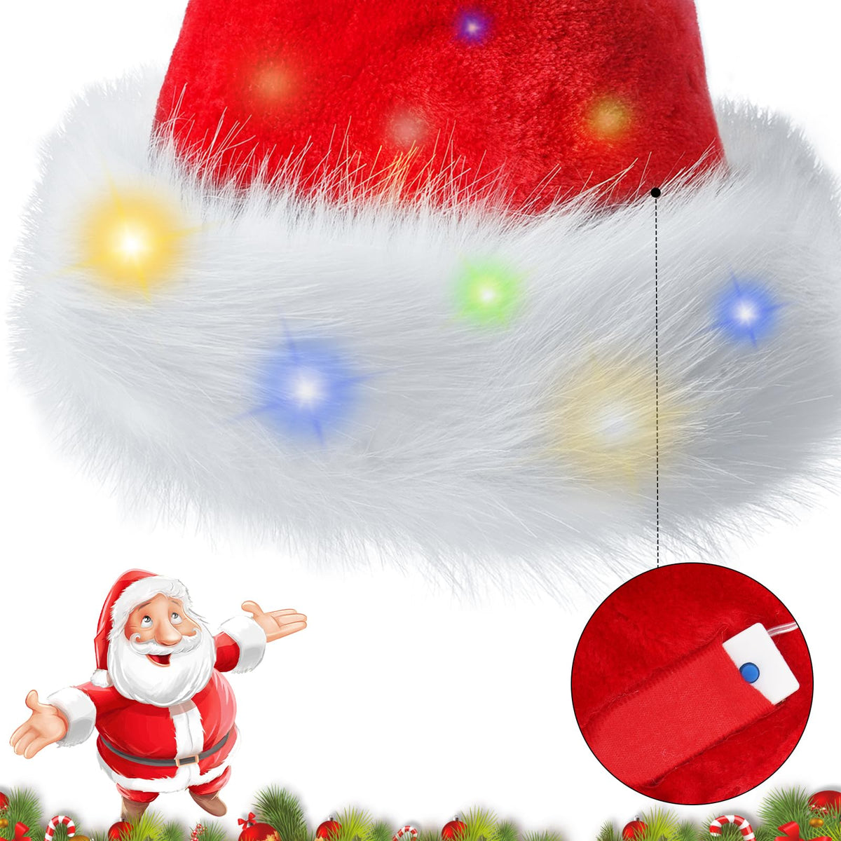 BSVI Christmas Santa Hat Holiday for Adults Unisex Led Light Up Velvet Comfort Extra Thicken Fur Xmas Hat for New Year Festive Party Decorations