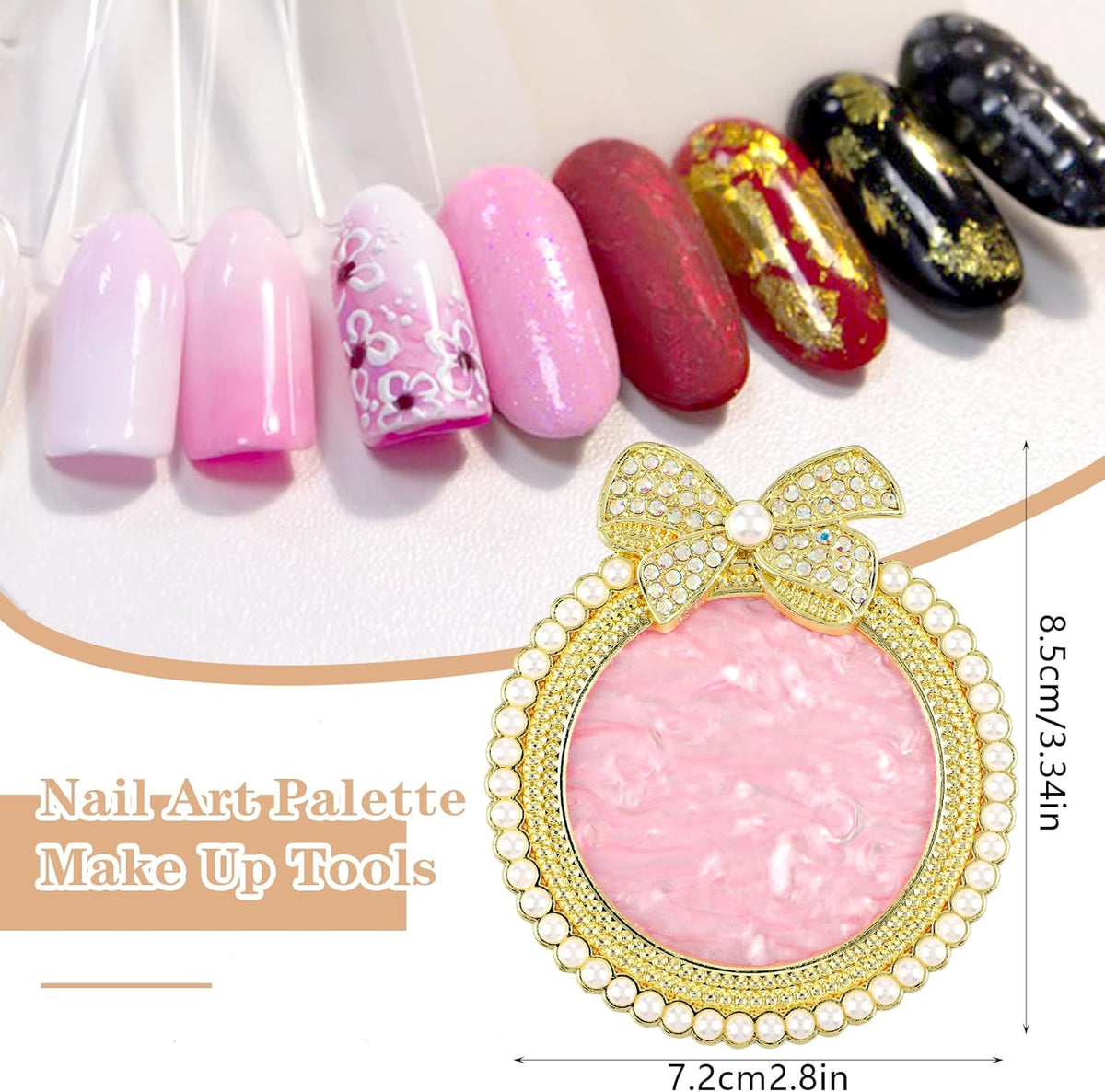 Resin Nail Art Palette, Nail Art Painting Mixed Color Palette Bow Decorated Nail Art Display Board with Pearls Nail Art Supplies Makeup Foundation Mixing Palette Manicure Tool