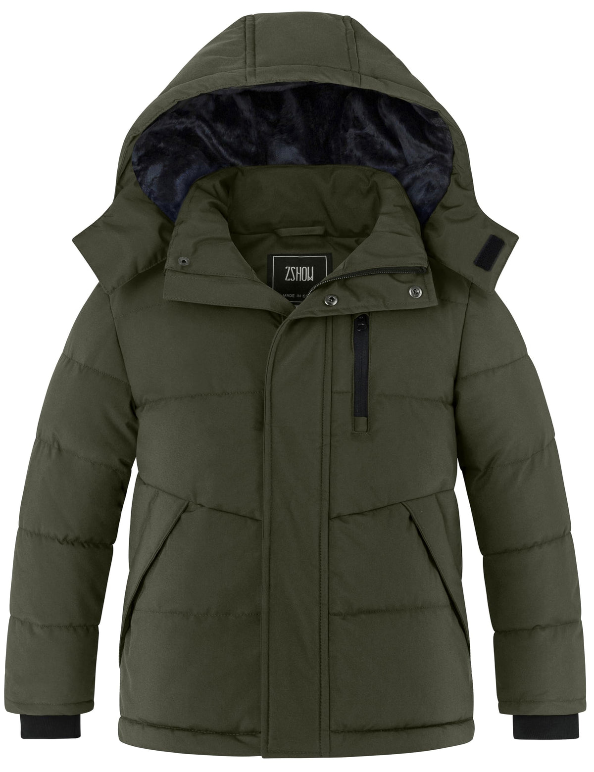 ZSHOW Boys' Windproof Winter Jacket Fleece Lined Padded Puffer Coatt(Army Green,10/12)