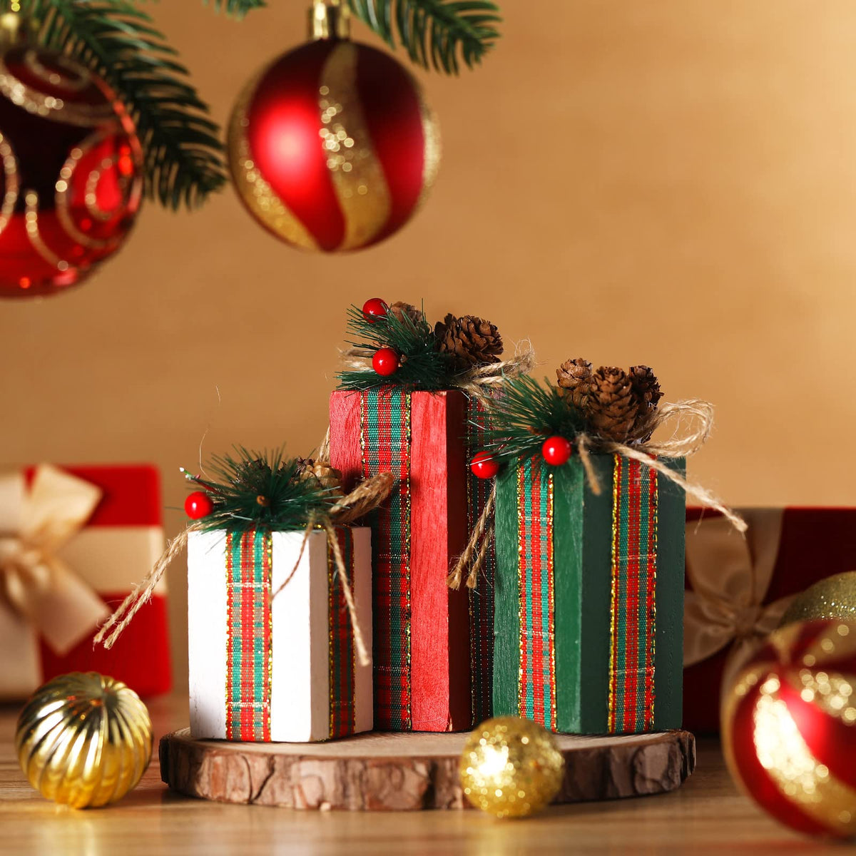 Glenmal 3 Pcs Christmas Table Centerpieces Christmas Table Decor Faux Present Wooden Blocks with Buffalo Plaid Bowknot Rustic Decoration for Holiday Xmas Tree Tiered Tray(White, Green and Red)