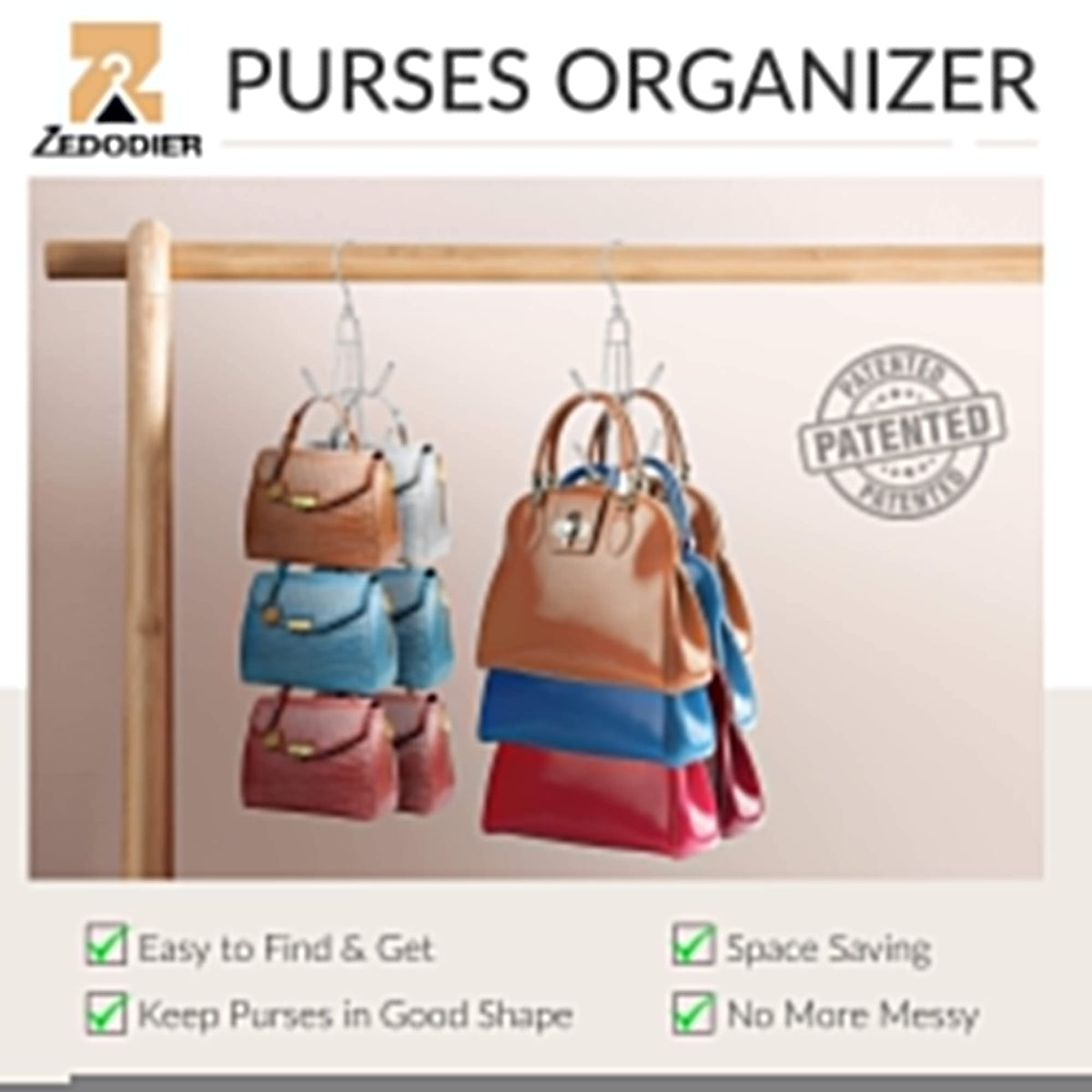 ZEDODIER Purse Hanger Organizer for Closet, 2 Pack Hanging Bag Holder, Keeping Purses Visible and in Good Condition, Metal Handbag Storage Hook Backpack Rack Space Saving Hanger, Silver