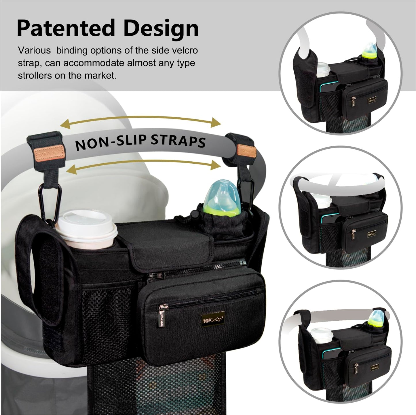 TOPDesign Universal Baby Stroller Organizer, Stroller Caddy with Detachable Mesh Bag & Heightened Insulated Cup Holders & Non-Slip Secure Hooks Accessories, Fits Most Strollers (Zoo)