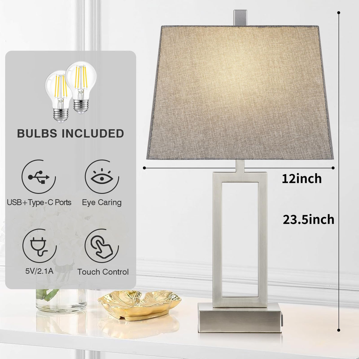 Rinweey Touch Control Table Lamps Set of 2, Modern Silver Bedside Lamps with USB A+C Ports & AC Outlet, 3 Way Dimmable Contemporary Nightstand Lamps for Bedroom Living Room(LED Bulb Included)