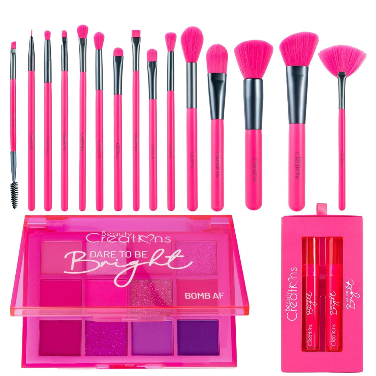 Beauty Bundle Beauty Creations Dare To Be Brights Collection Bomb AF 12 color eyeshadow palette, Lip Set & 15pc Brush Set and Pouch Enclosed in Hot Pink Box