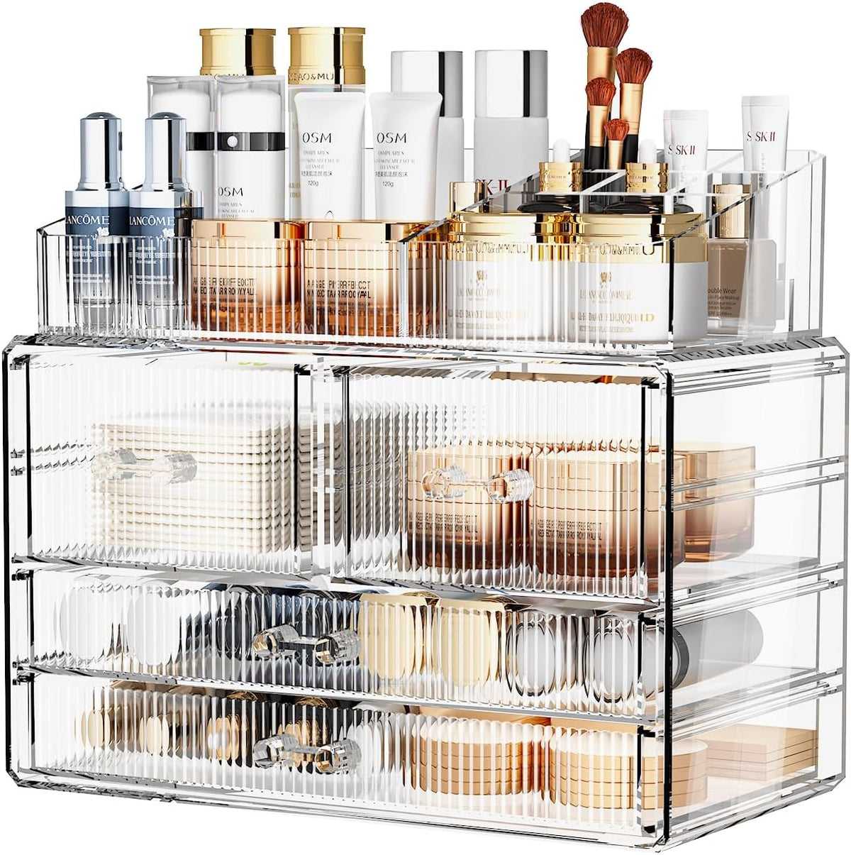 ZHIAI Stackable Storage Drawers, Acrylic Bathroom Counter Organizer Clear Makeup Organizers for Vanity, Kitchen Cabinets, Bathroom, Undersink, Home Organization and Storage (1 Top 4 Drawers D)