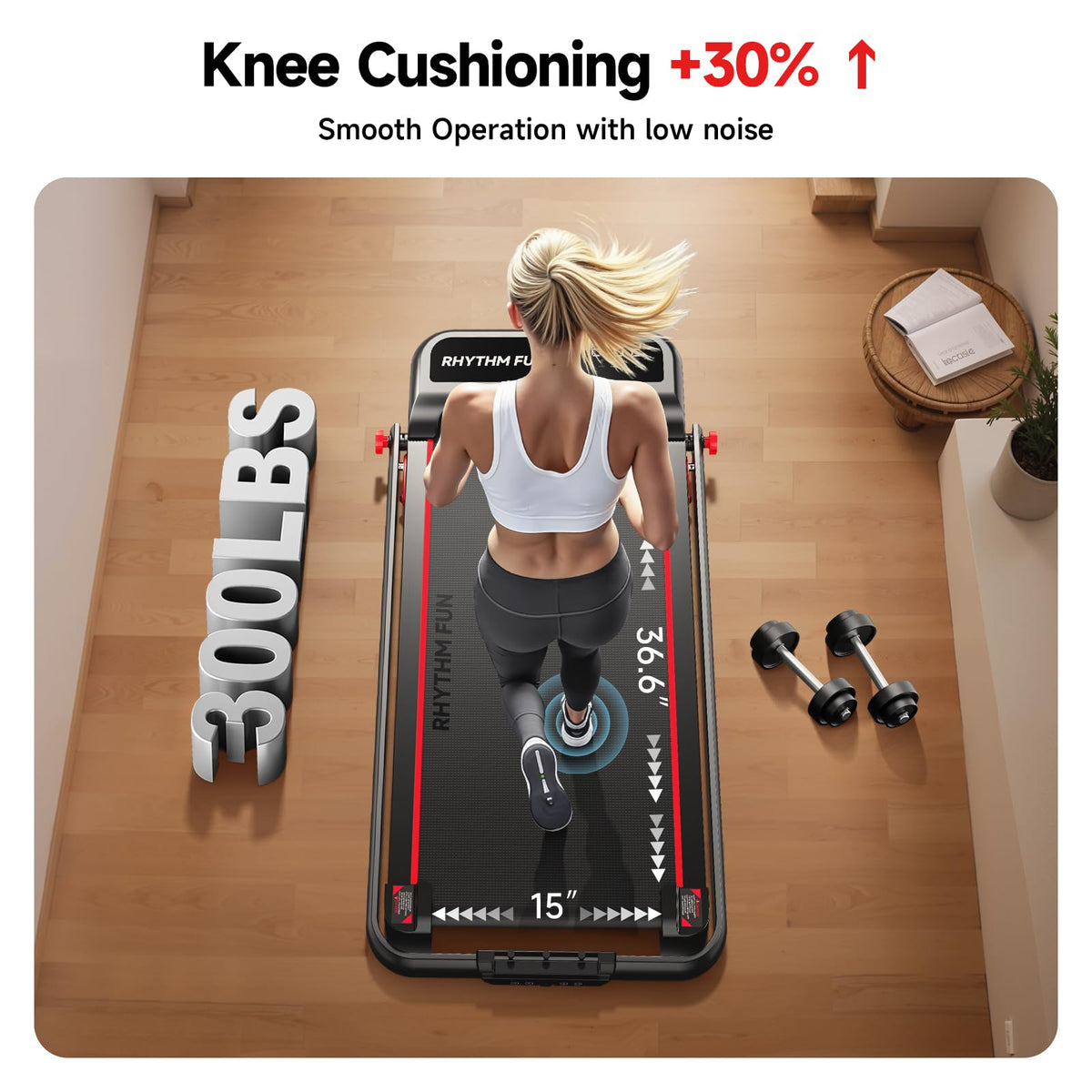 RHYTHM FUN Incline Foldable Treadmill, Walking Pad Treadmill with Incline, 300 lbs Portable Treadmills with Handles for Home Office Use, Under Desk Compact Walking pad with LED Display & APP