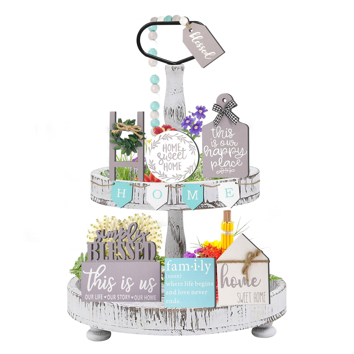 13 Pcs Farmhouse Tiered Tray Decor Set, Kitchen Table Decorations with String Lights, Home Rustic Wooden Signs Decorative for Centerpiece Table Bar Housewarming
