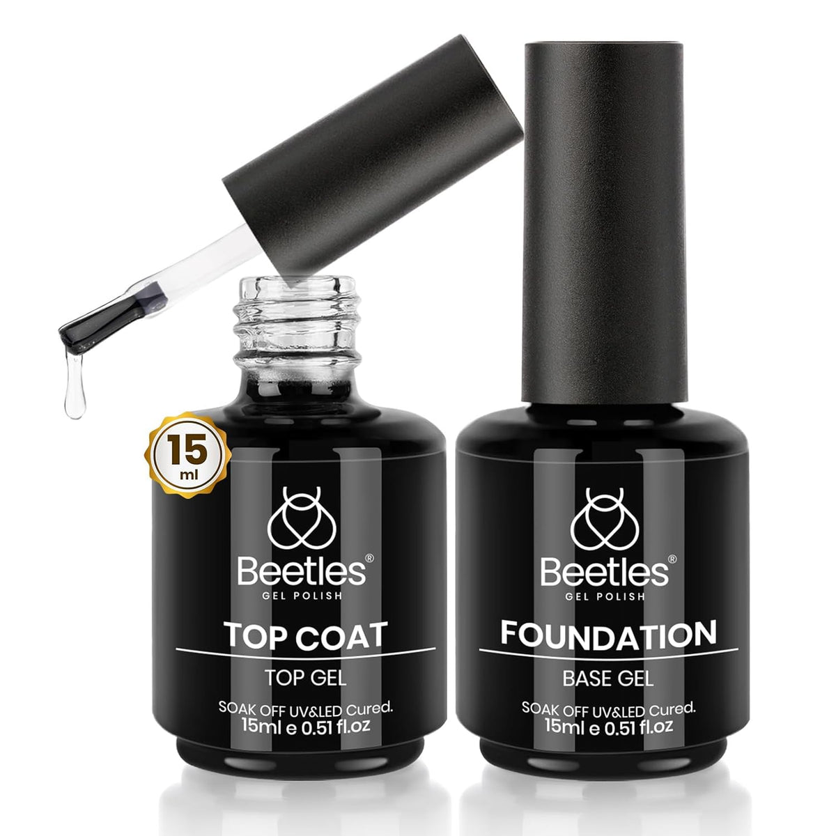 beetles Gel Polish Base Gel Top Coat Set, 2Pcs 15ML Clear Base and No Wipe Top Coat Soak Off UV LED Glossy Shine Finish Long Lasting DIY Nail Salon Manicure Gift for Women